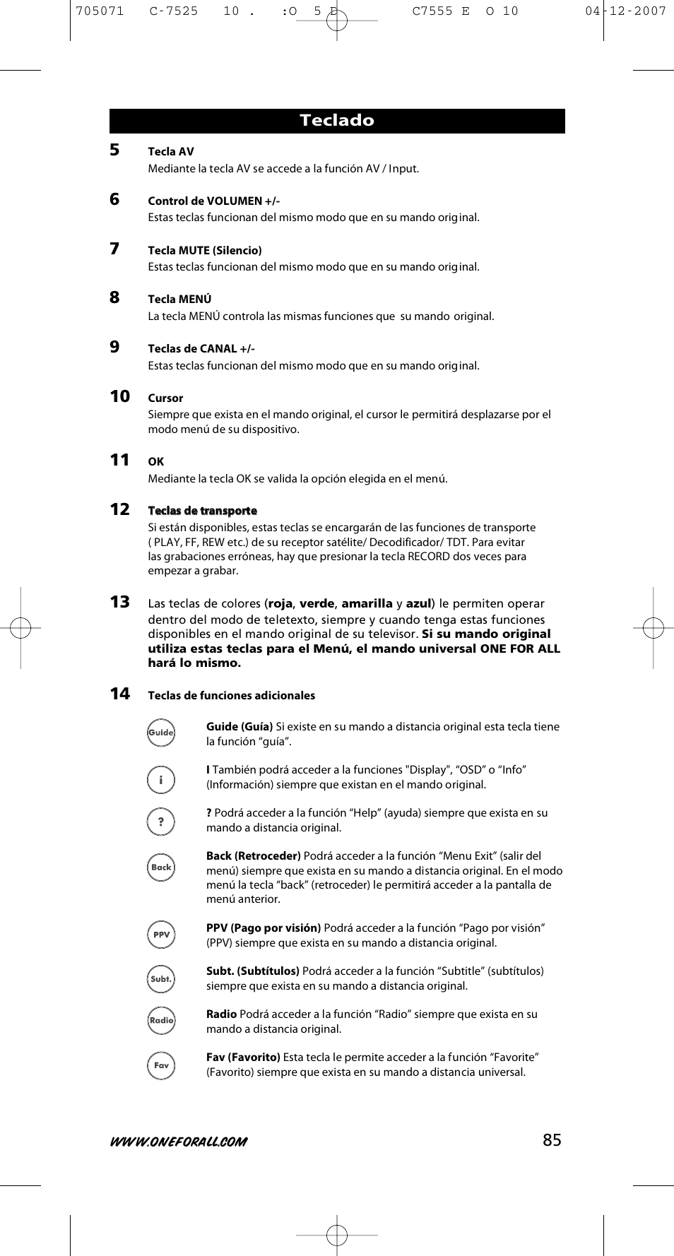 Teclado | One for All URC-7525 User Manual | Page 86 / 107