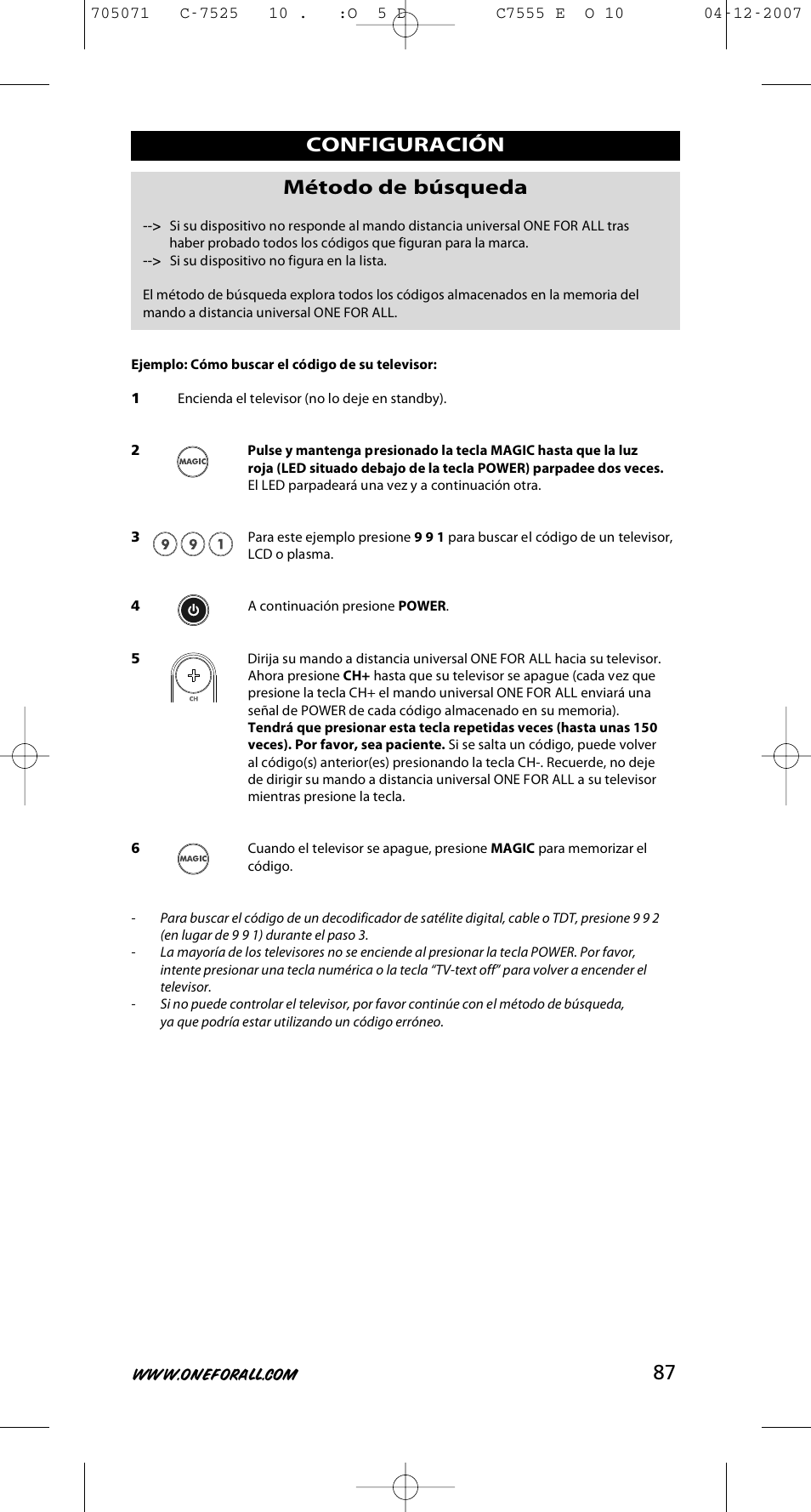 87 configuración método de búsqueda | One for All URC-7525 User Manual | Page 88 / 107