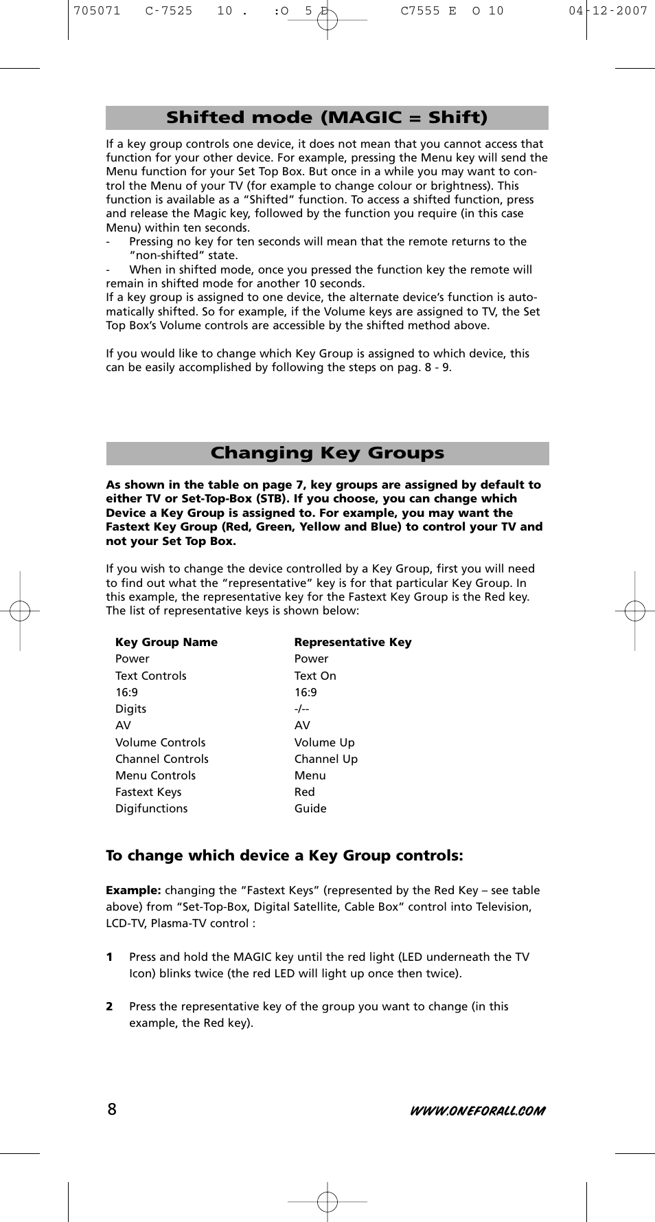 Shifted mode (magic = shift) changing key groups | One for All URC-7525 User Manual | Page 9 / 107