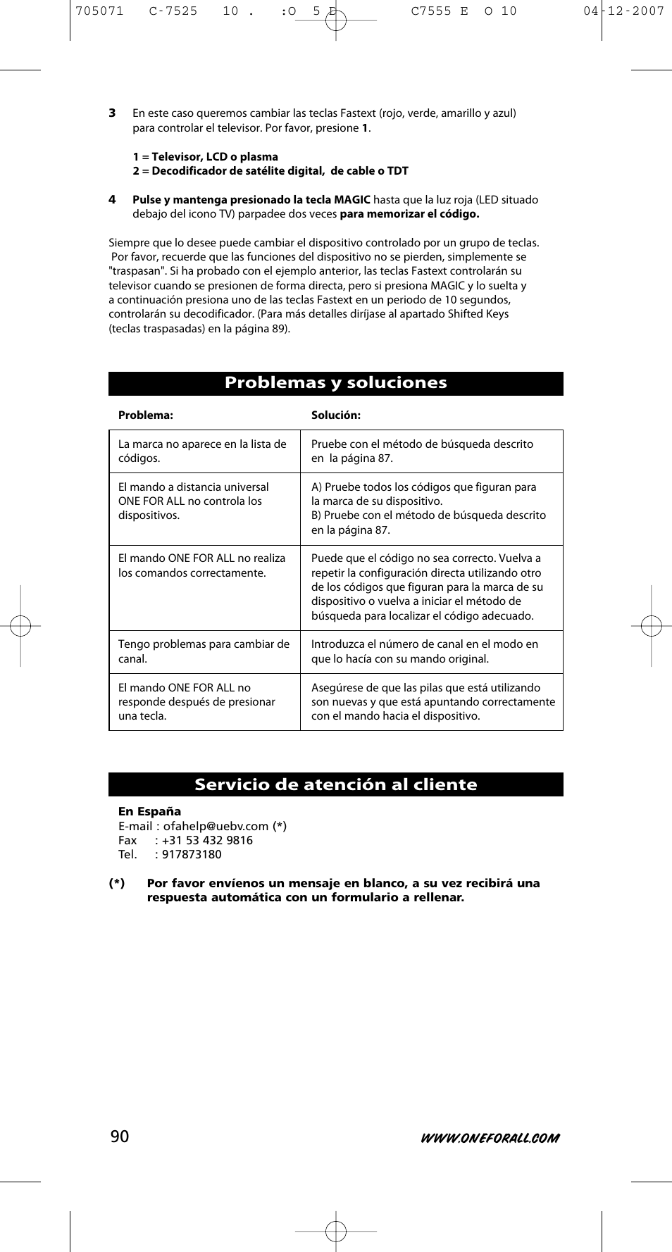 Problemas y soluciones, Servicio de atención al cliente | One for All URC-7525 User Manual | Page 91 / 107