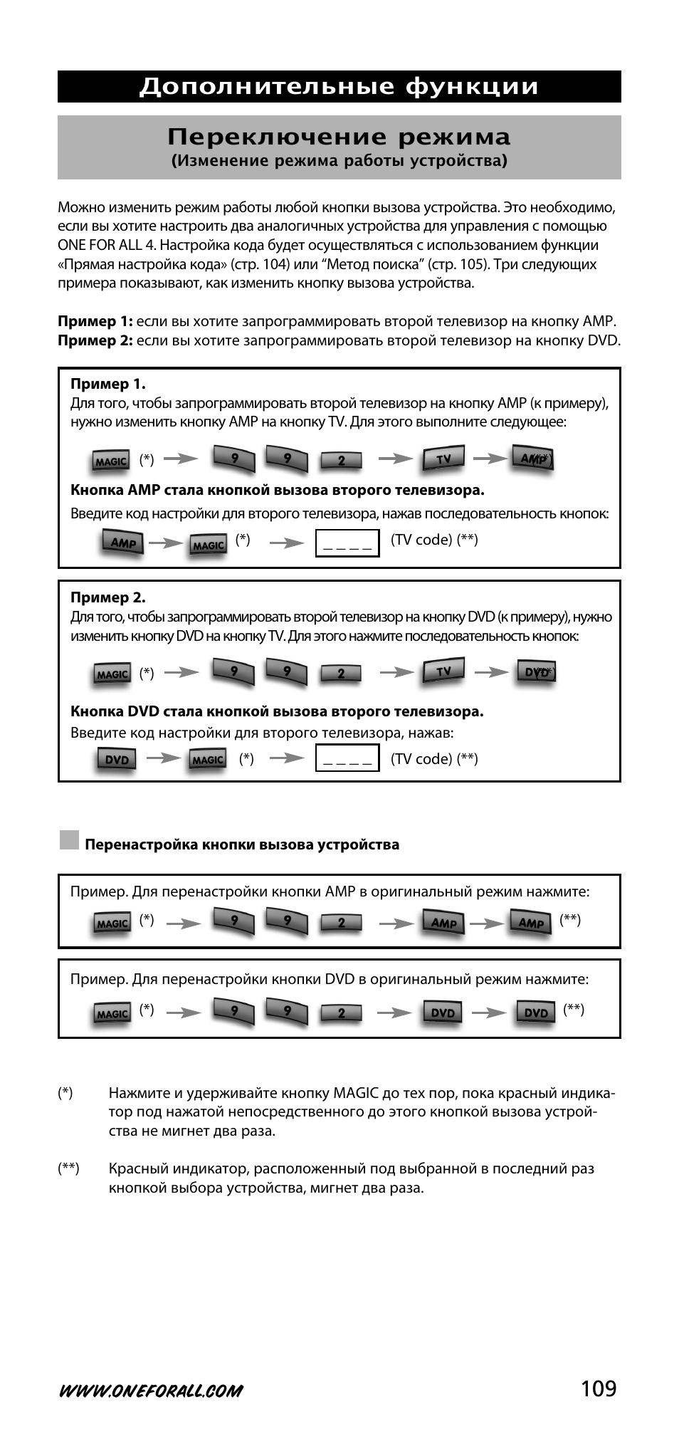 Дополнительные функции переключение режима | One for All URC-3740 User Manual | Page 109 / 186