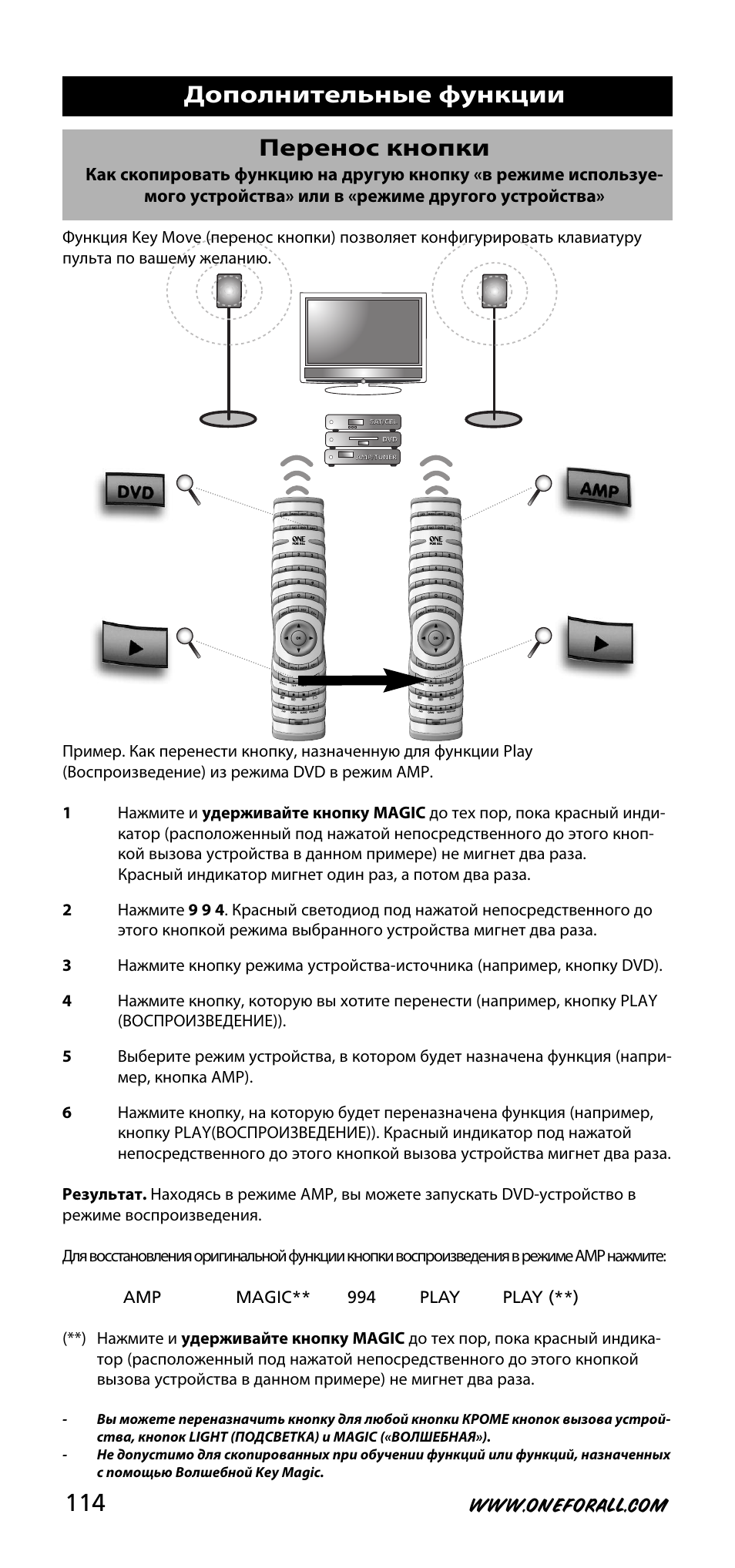 Дополнительные функции перенос кнопки | One for All URC-3740 User Manual | Page 114 / 186