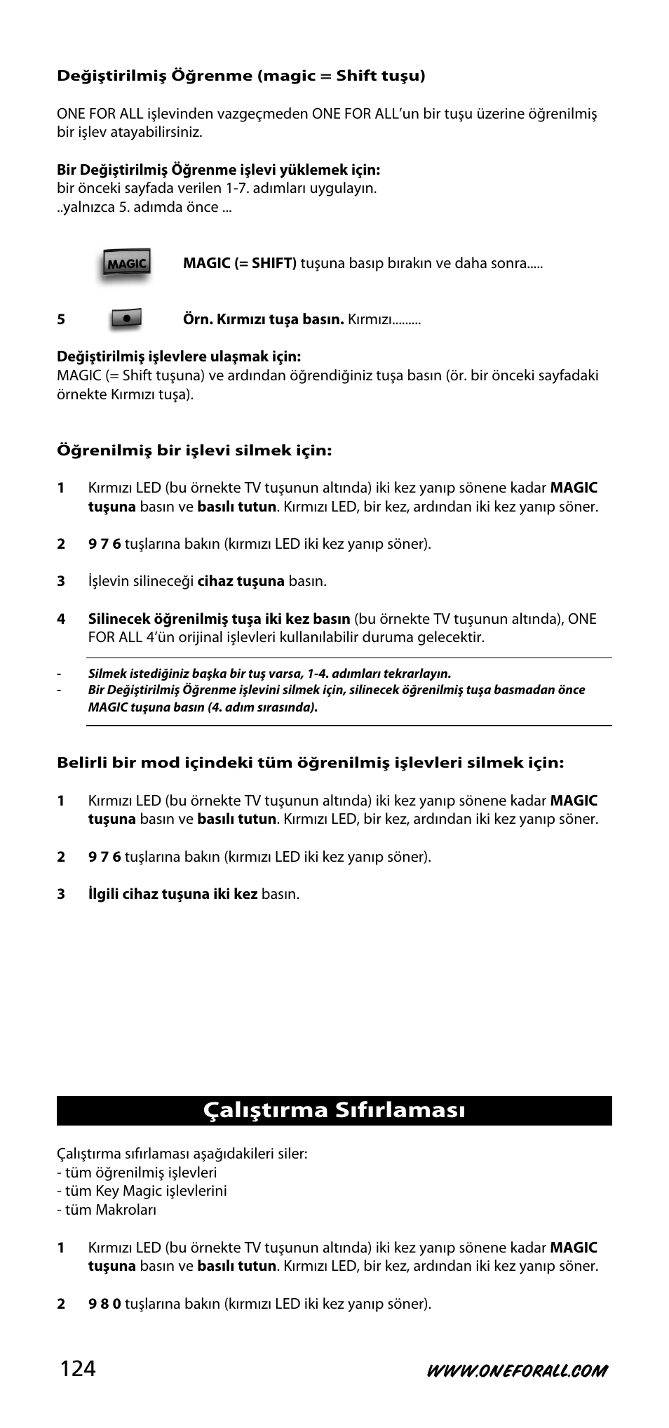 Çalıştırma sıfırlaması | One for All URC-3740 User Manual | Page 124 / 186