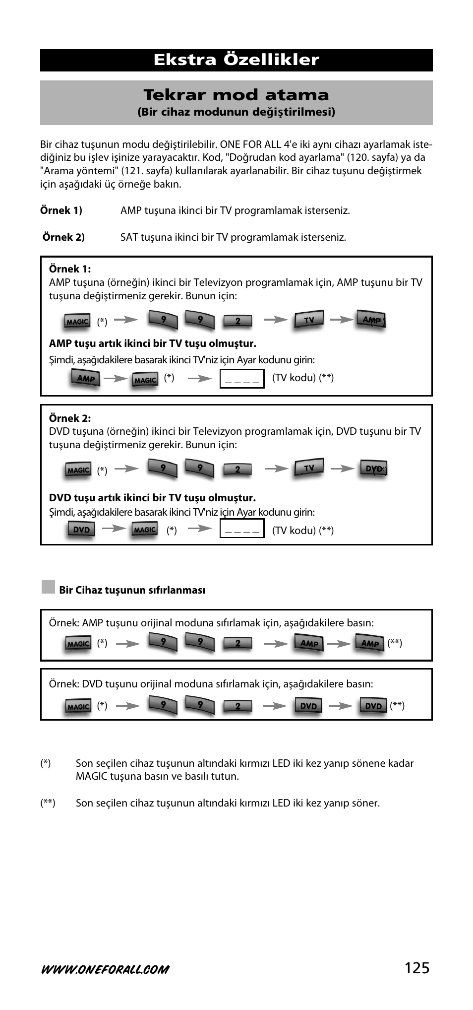 Ekstra özellikler tekrar mod atama | One for All URC-3740 User Manual | Page 125 / 186