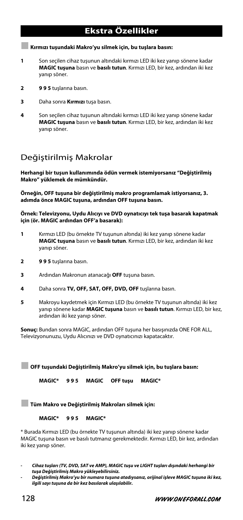Değiştirilmiş makrolar, Ekstra özellikler | One for All URC-3740 User Manual | Page 128 / 186