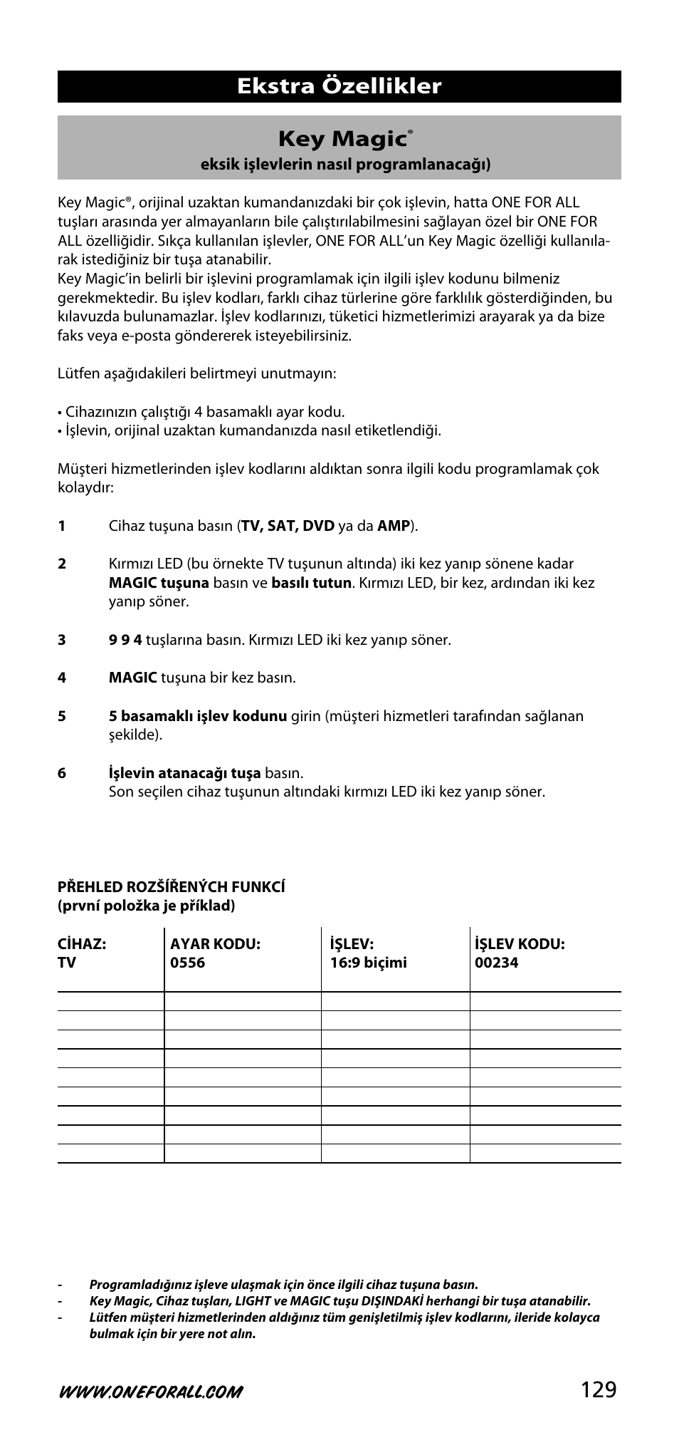 129 key magic, Ekstra özellikler | One for All URC-3740 User Manual | Page 129 / 186
