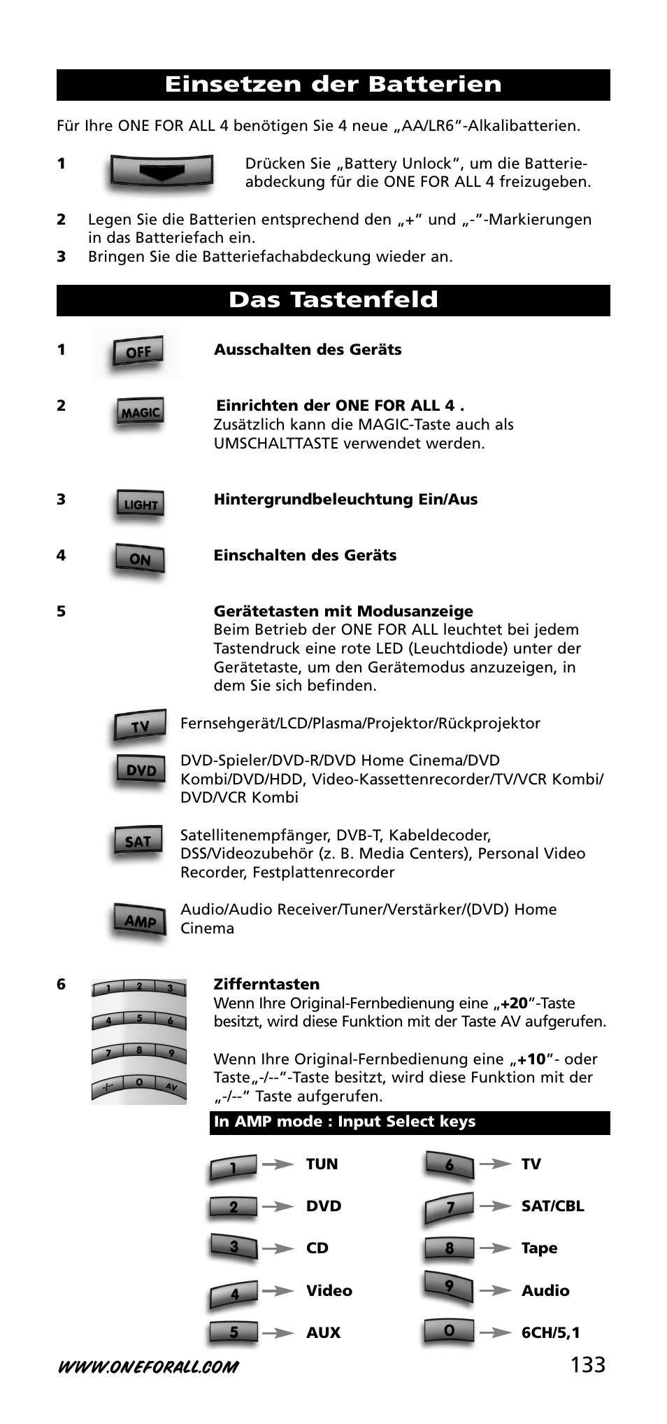 133 einsetzen der batterien, Das tastenfeld | One for All URC-3740 User Manual | Page 133 / 186