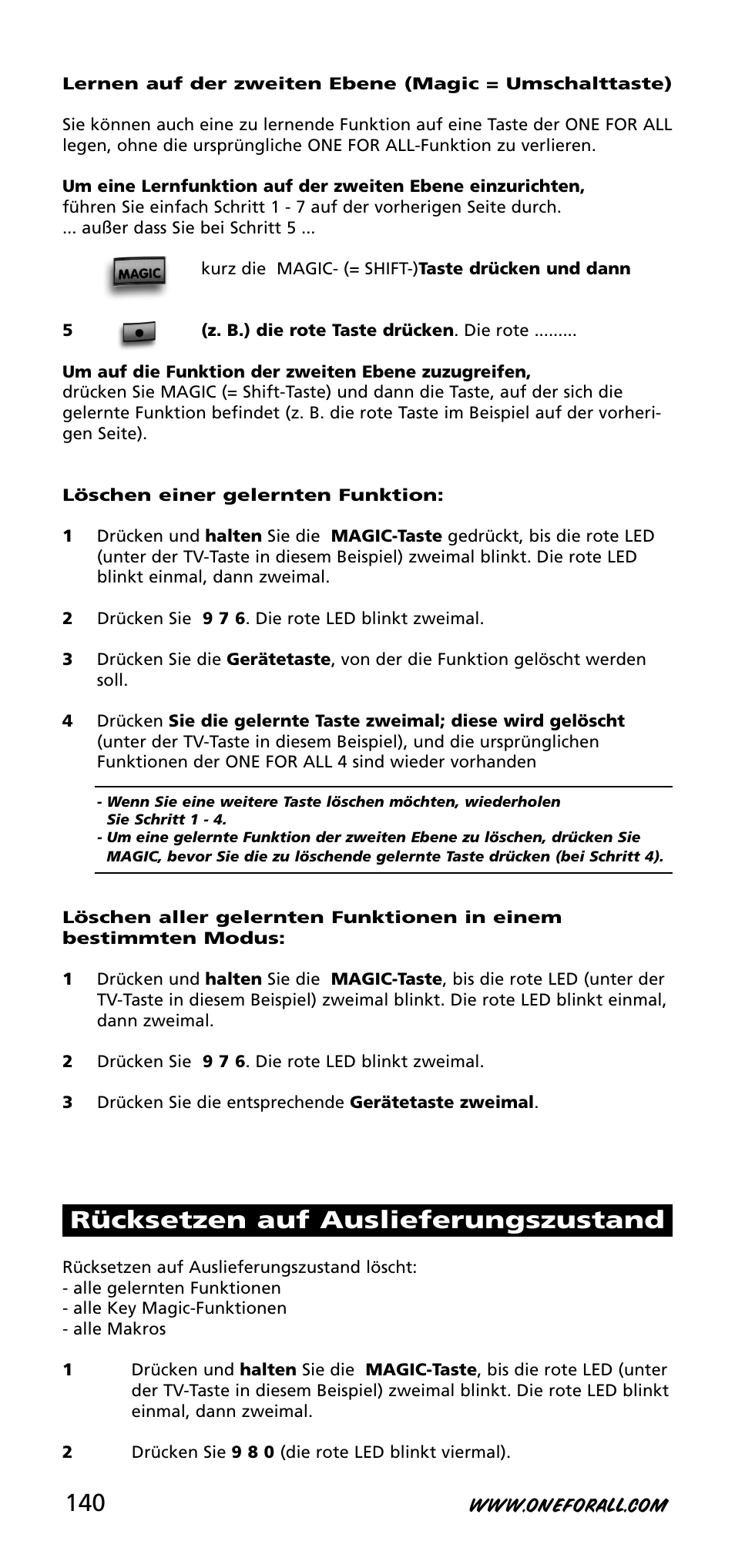 Rücksetzen auf auslieferungszustand | One for All URC-3740 User Manual | Page 140 / 186