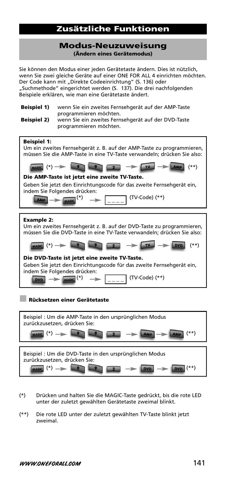Zusätzliche funktionen modus-neuzuweisung | One for All URC-3740 User Manual | Page 141 / 186