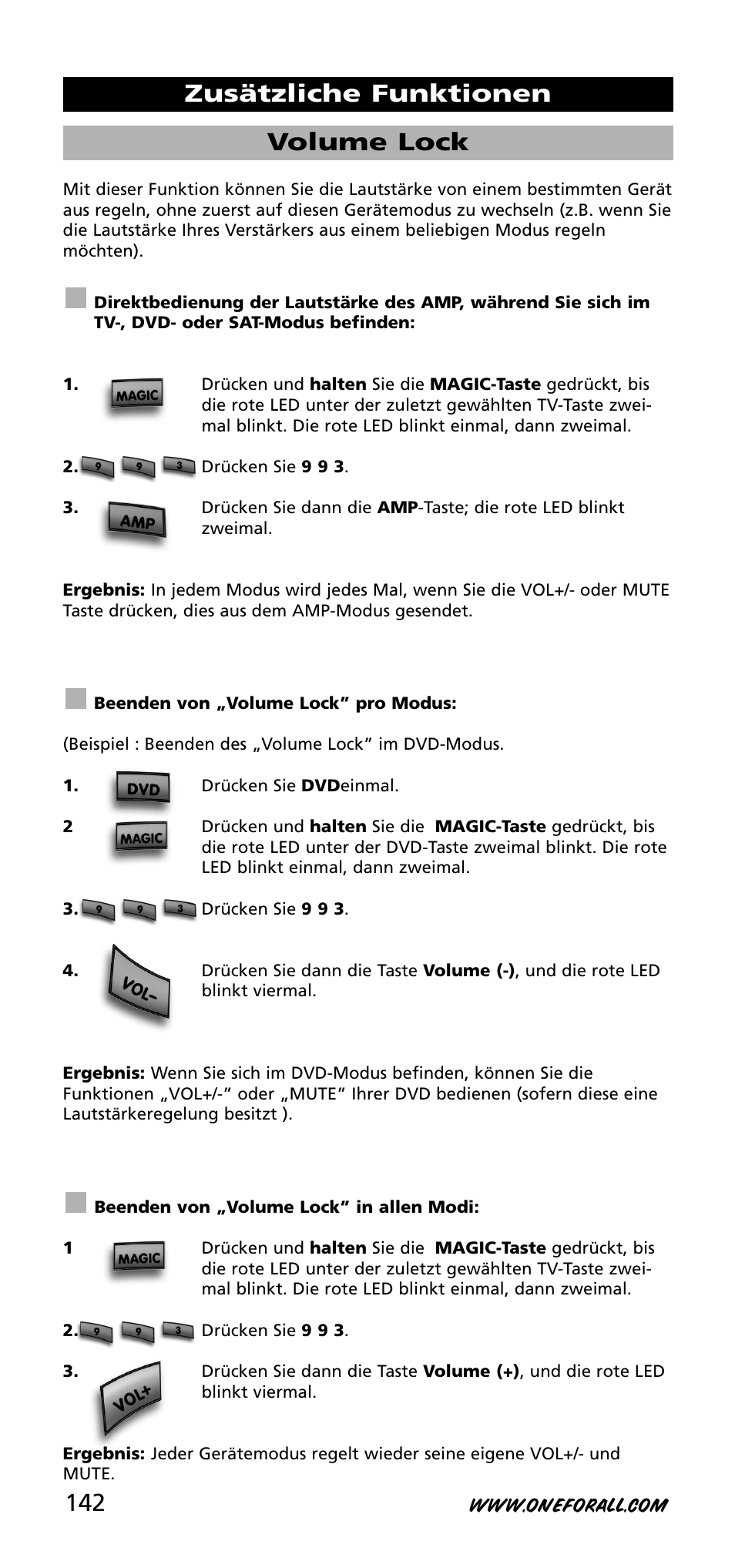 Volume lock, Zusätzliche funktionen | One for All URC-3740 User Manual | Page 142 / 186