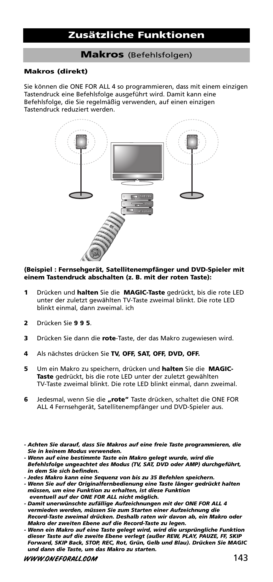 143 makros, Zusätzliche funktionen, Befehlsfolgen) | One for All URC-3740 User Manual | Page 143 / 186