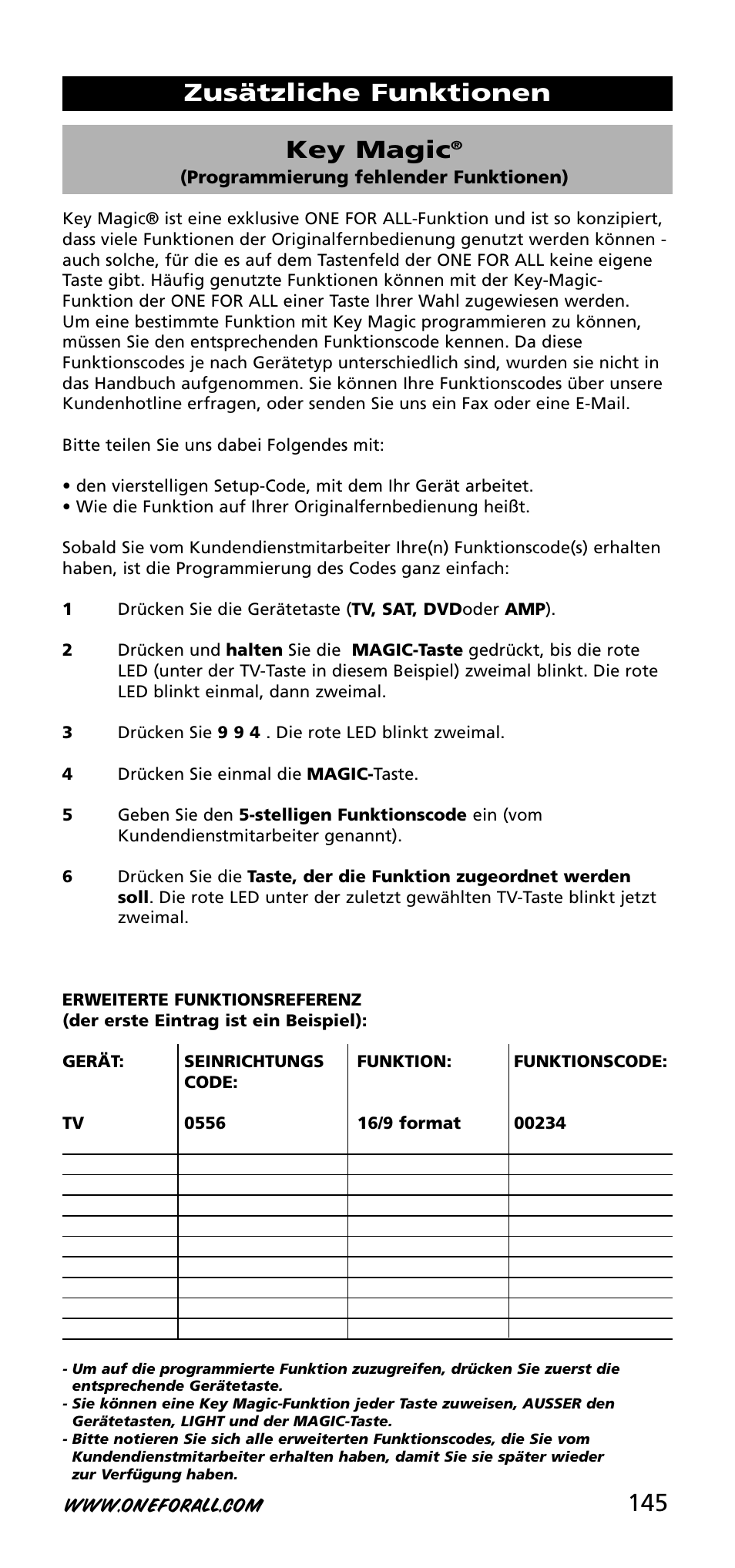 145 key magic, Zusätzliche funktionen | One for All URC-3740 User Manual | Page 145 / 186