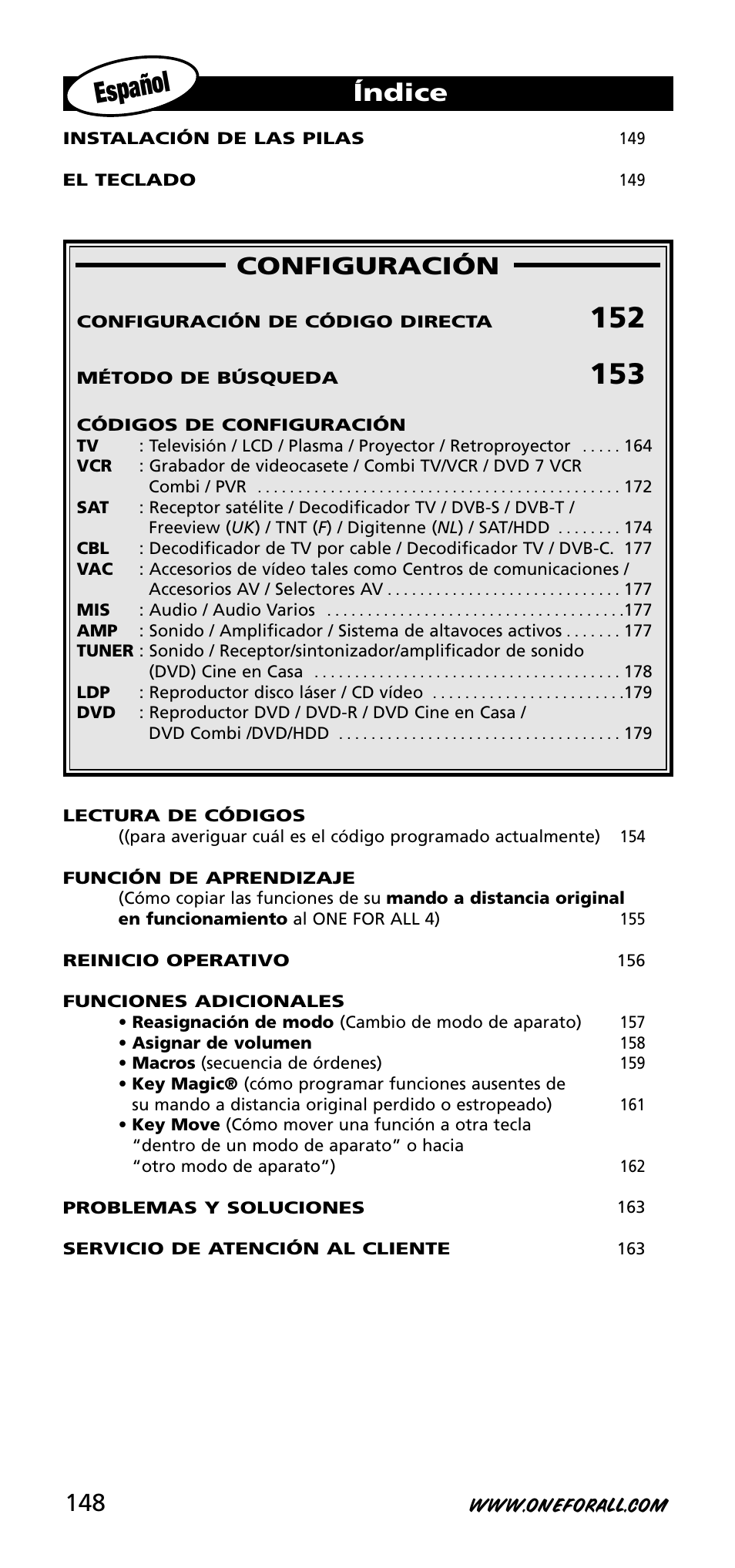 Español, Configuración, Índice | One for All URC-3740 User Manual | Page 148 / 186