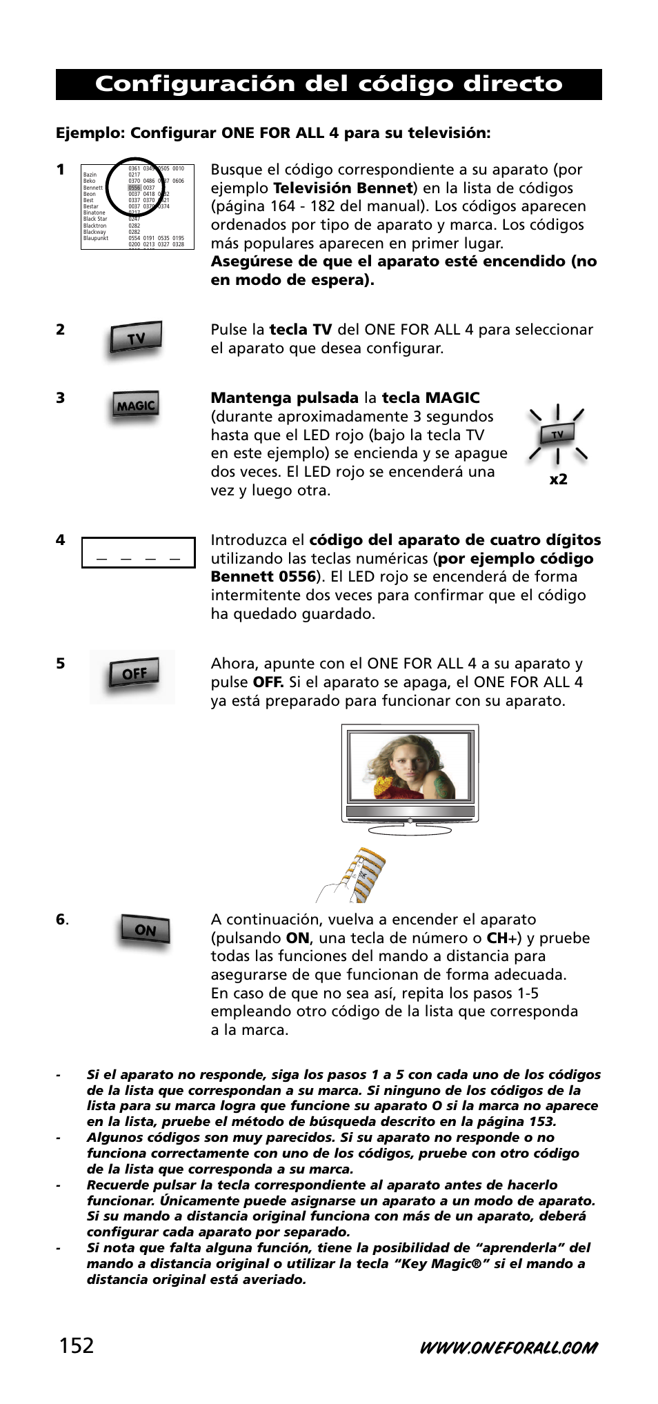 Configuración del código directo | One for All URC-3740 User Manual | Page 152 / 186