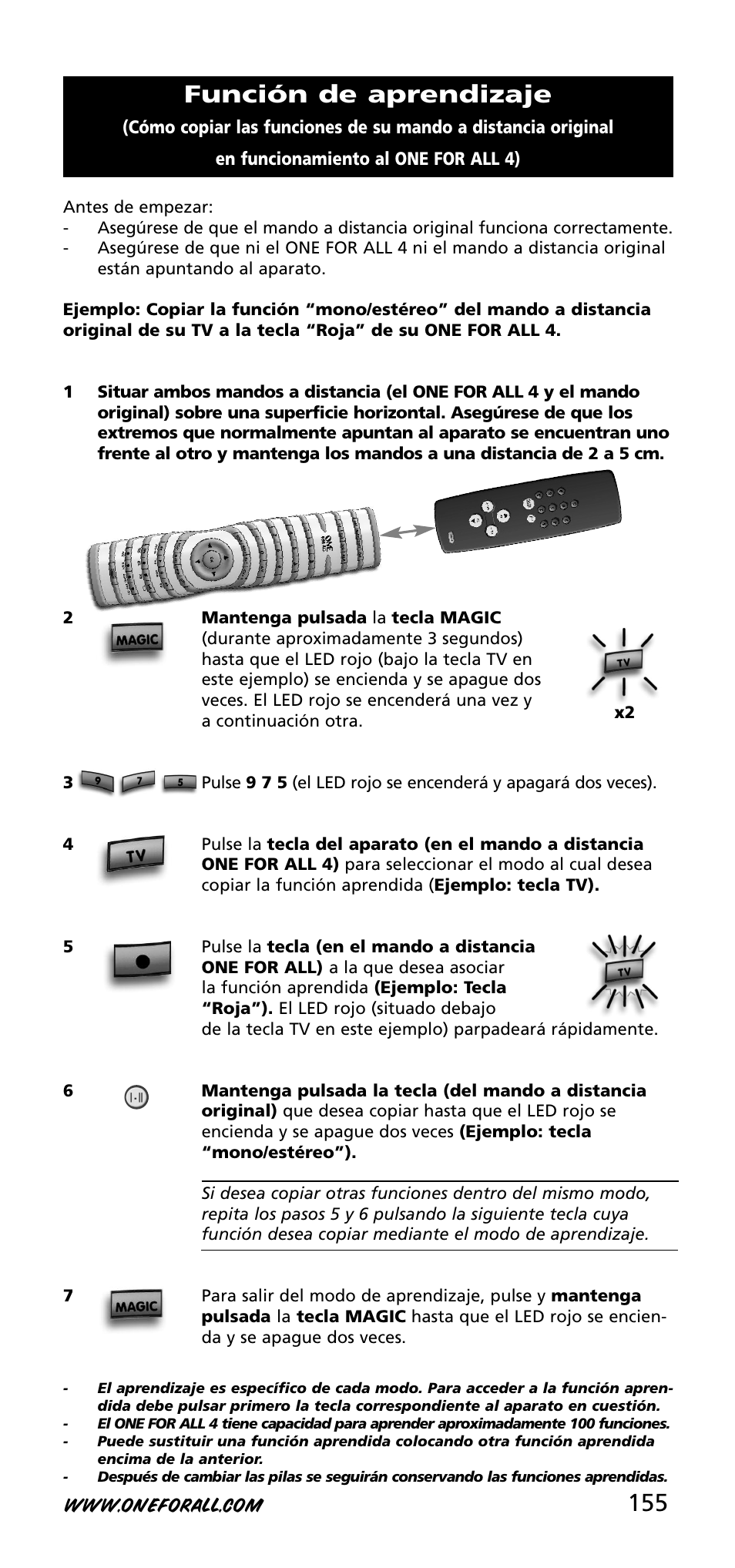 Función de aprendizaje | One for All URC-3740 User Manual | Page 155 / 186