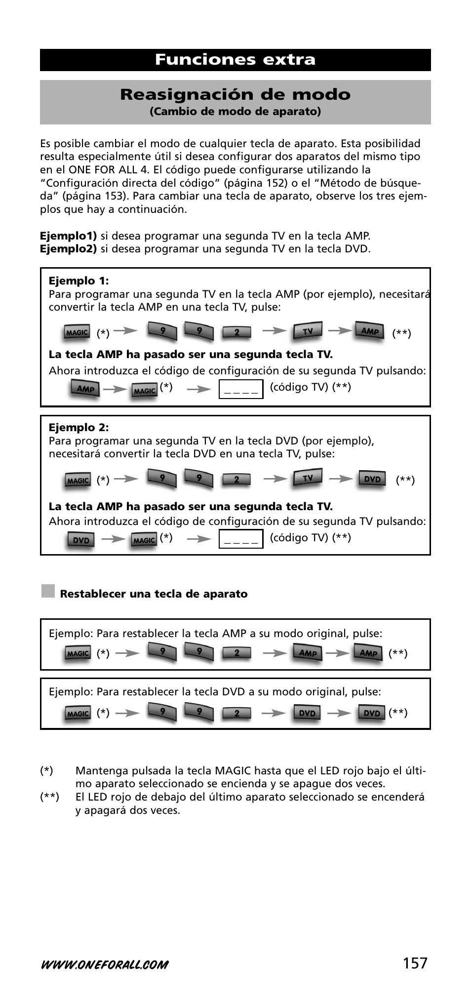 Funciones extra reasignación de modo | One for All URC-3740 User Manual | Page 157 / 186