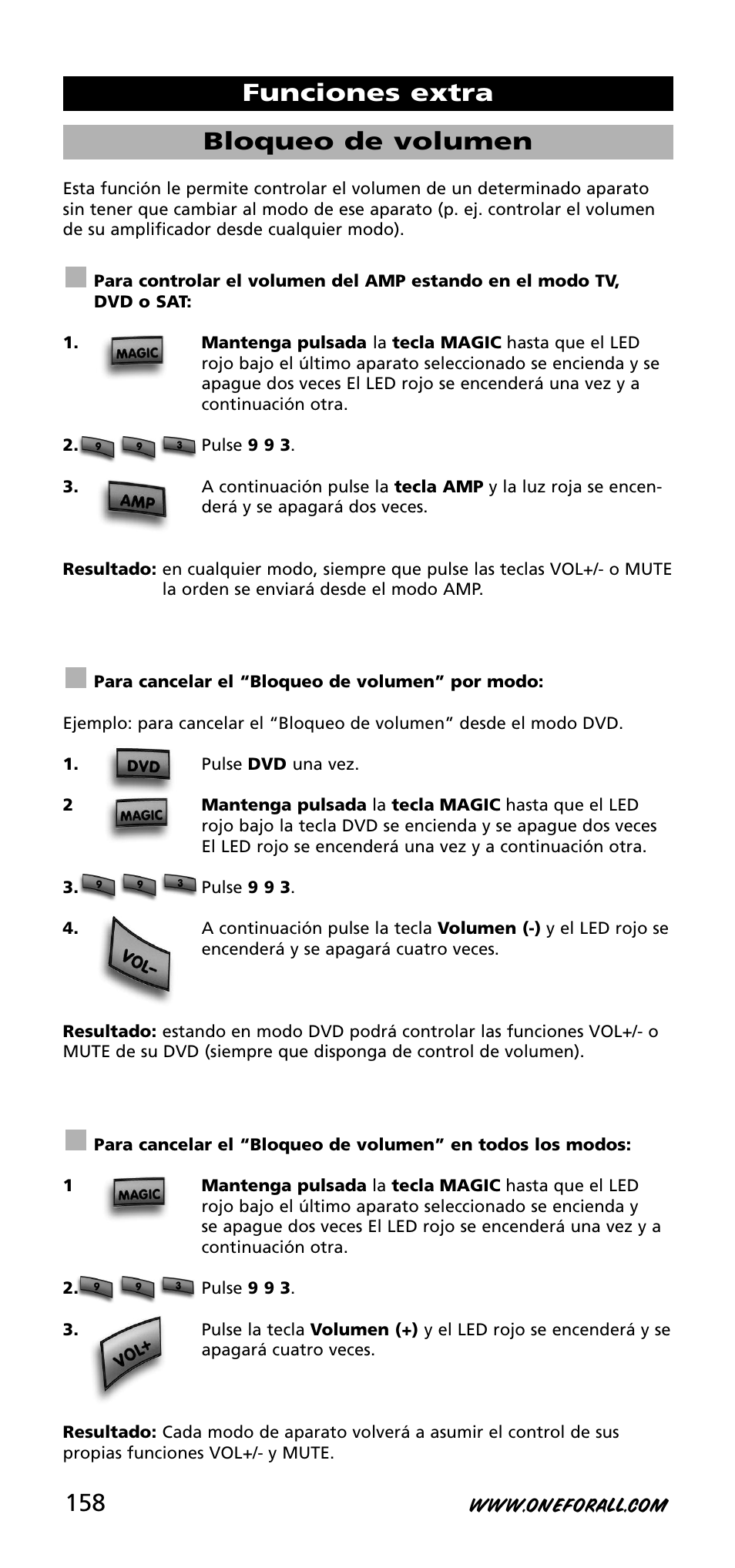 Bloqueo de volumen, Funciones extra | One for All URC-3740 User Manual | Page 158 / 186