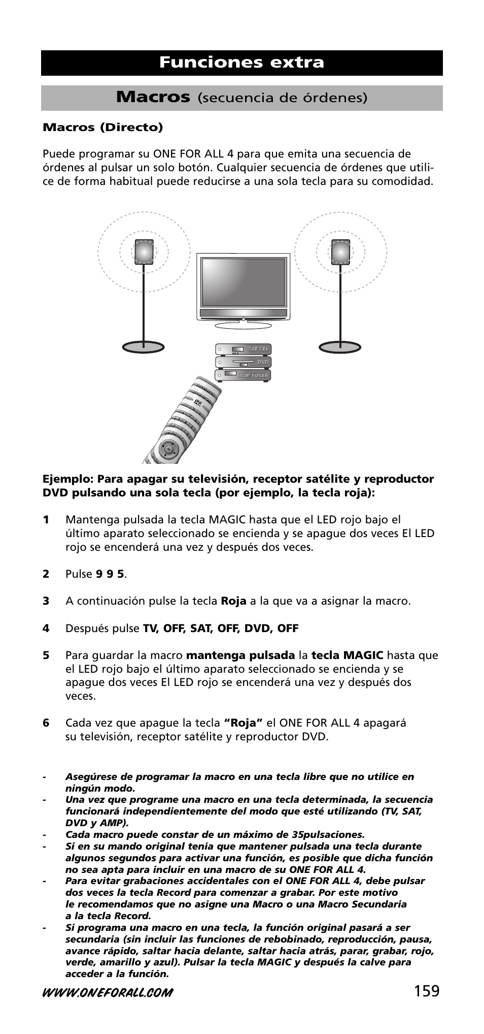159 macros, Funciones extra, Secuencia de órdenes) | One for All URC-3740 User Manual | Page 159 / 186