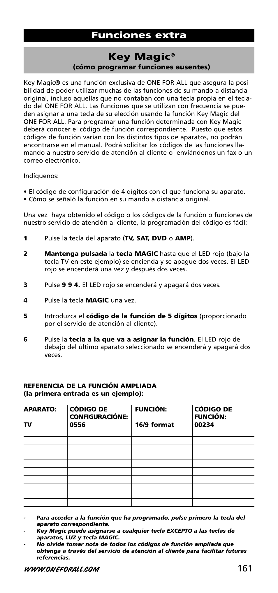161 key magic, Funciones extra | One for All URC-3740 User Manual | Page 161 / 186