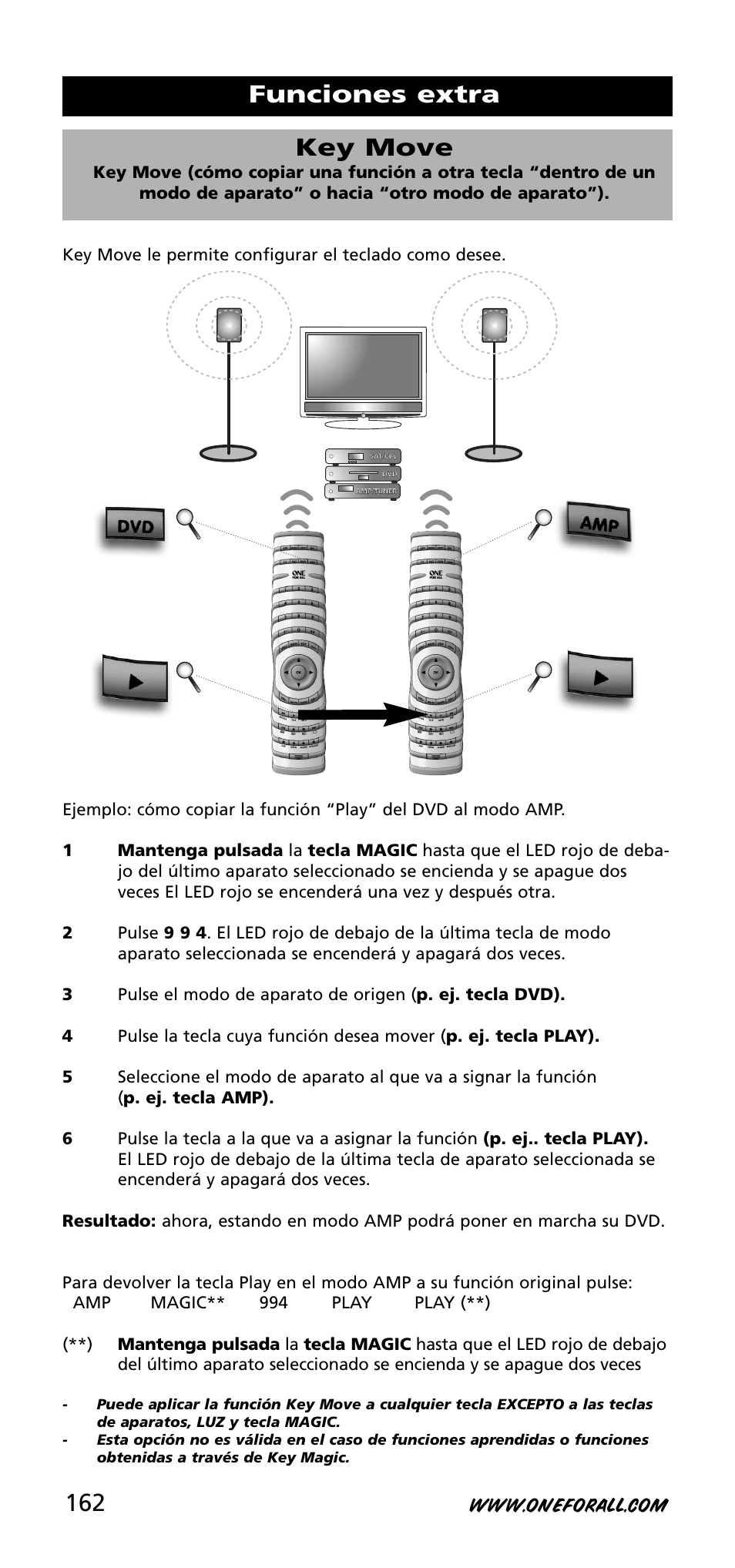 Funciones extra key move | One for All URC-3740 User Manual | Page 162 / 186