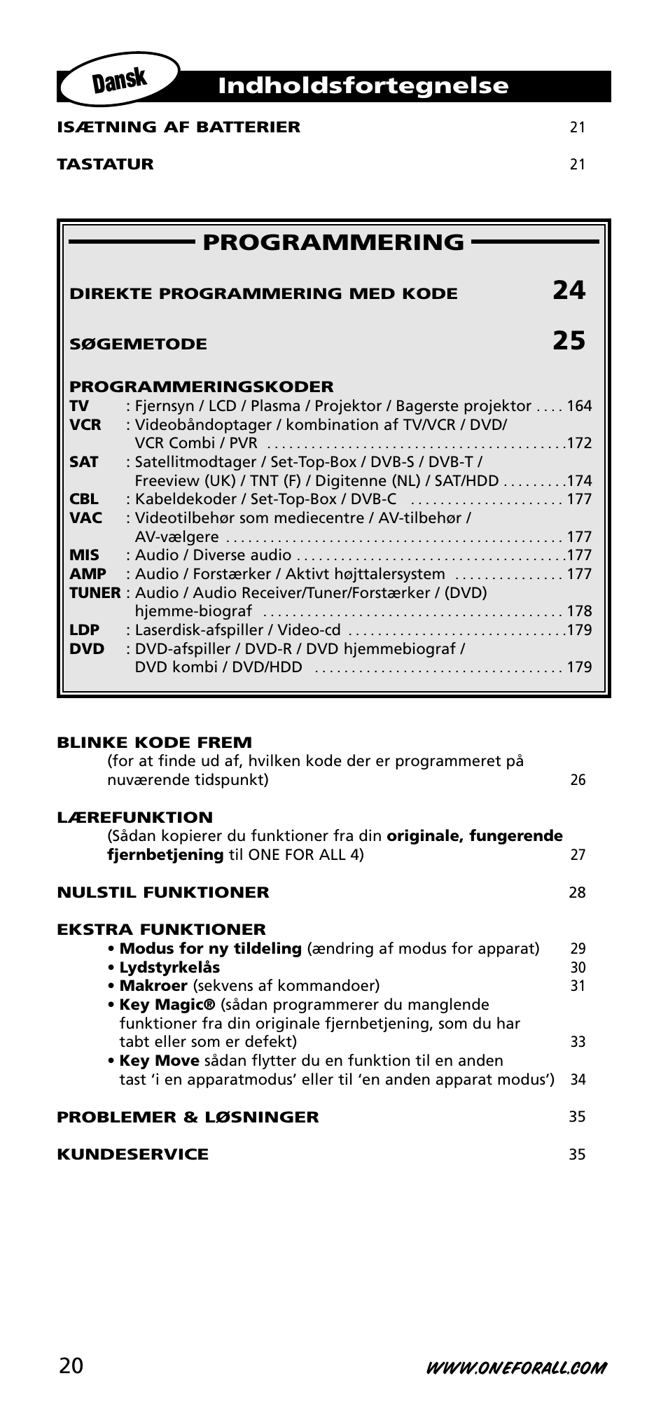 Dansk, Programmering, Indholdsfortegnelse | One for All URC-3740 User Manual | Page 20 / 186