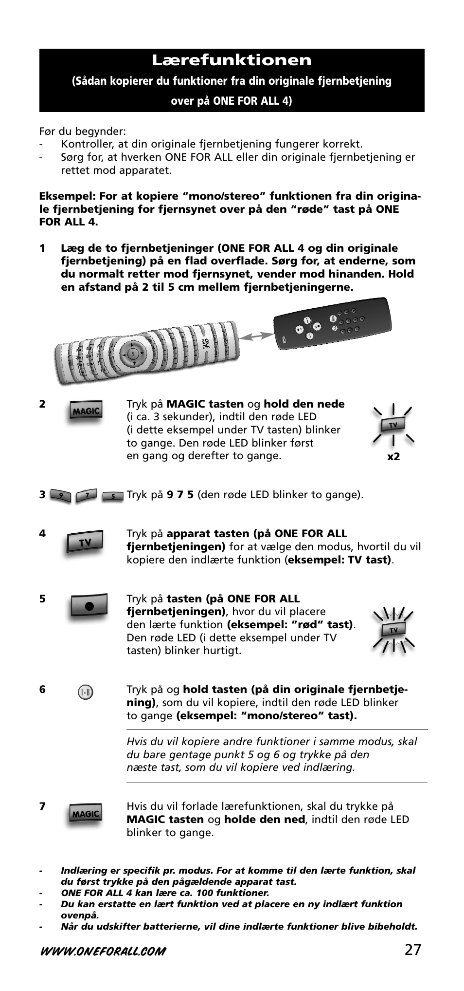 Lærefunktionen | One for All URC-3740 User Manual | Page 27 / 186