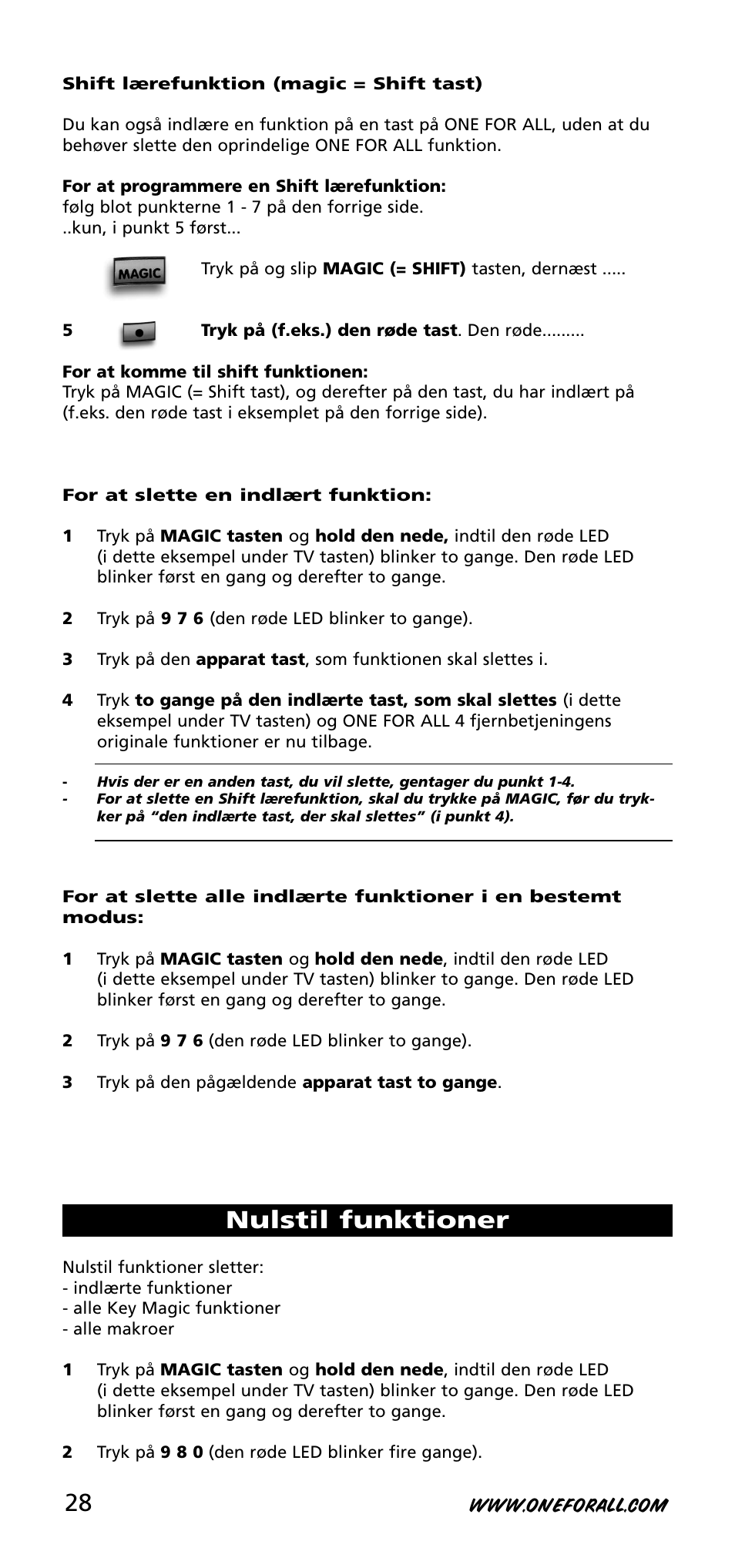 Nulstil funktioner | One for All URC-3740 User Manual | Page 28 / 186