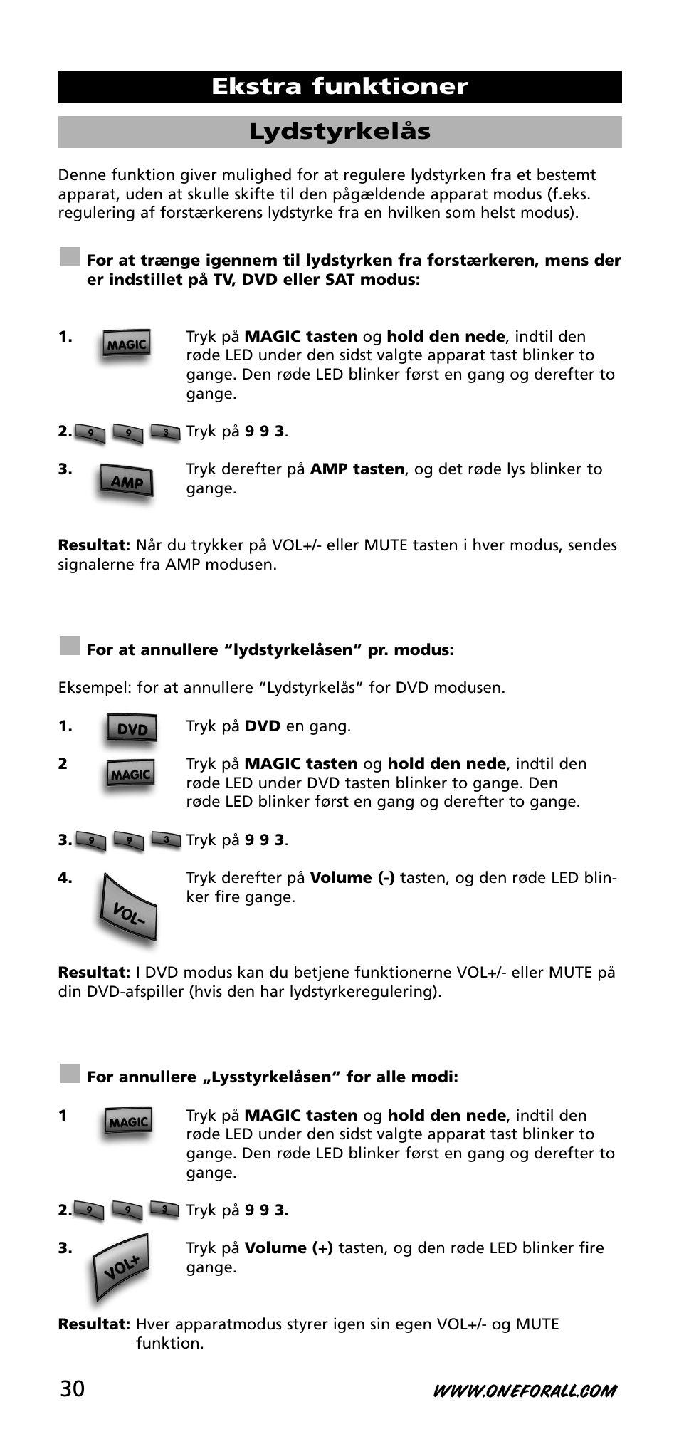Lydstyrkelås, Ekstra funktioner | One for All URC-3740 User Manual | Page 30 / 186