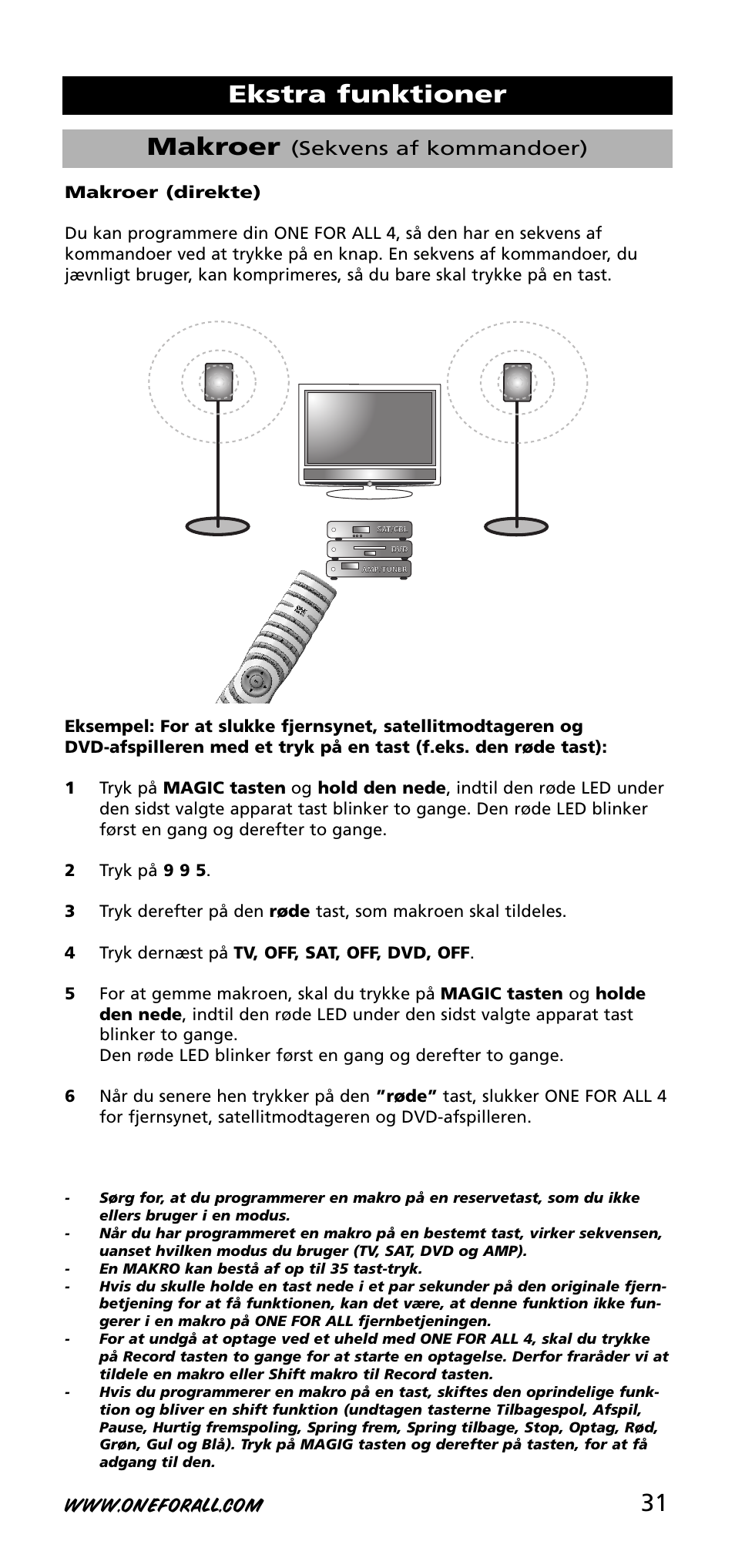 31 makroer, Ekstra funktioner, Sekvens af kommandoer) | One for All URC-3740 User Manual | Page 31 / 186