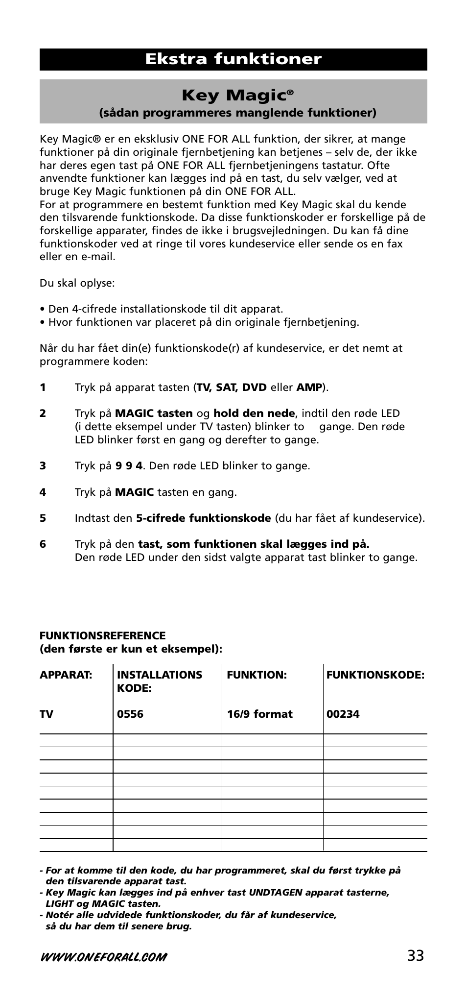 33 key magic, Ekstra funktioner | One for All URC-3740 User Manual | Page 33 / 186