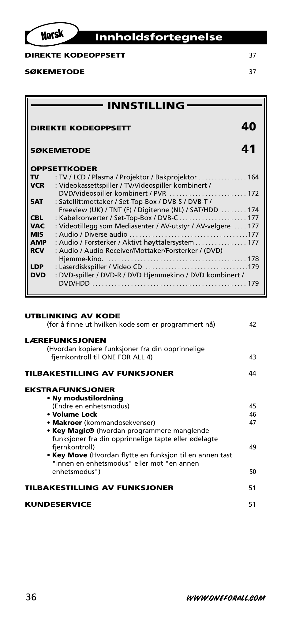 Norsk, Innstilling, Innholdsfortegnelse | One for All URC-3740 User Manual | Page 36 / 186