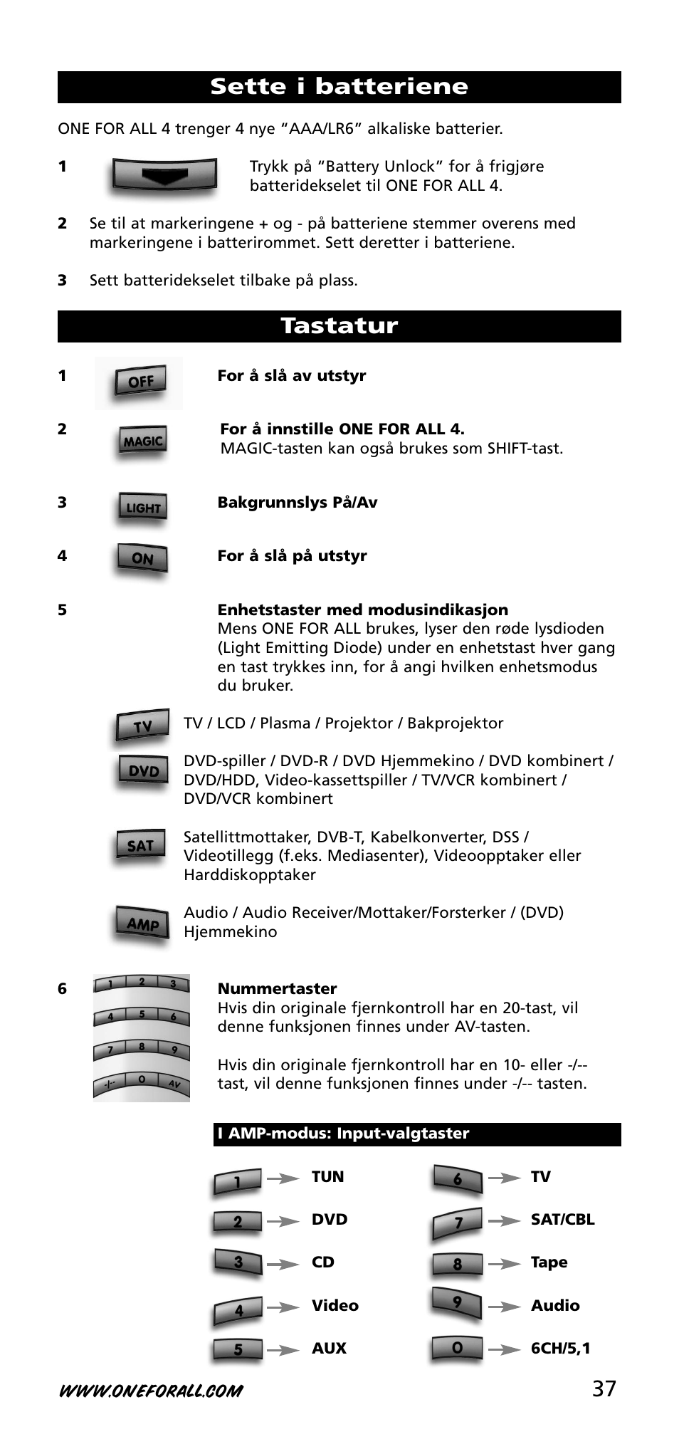 37 sette i batteriene, Tastatur | One for All URC-3740 User Manual | Page 37 / 186