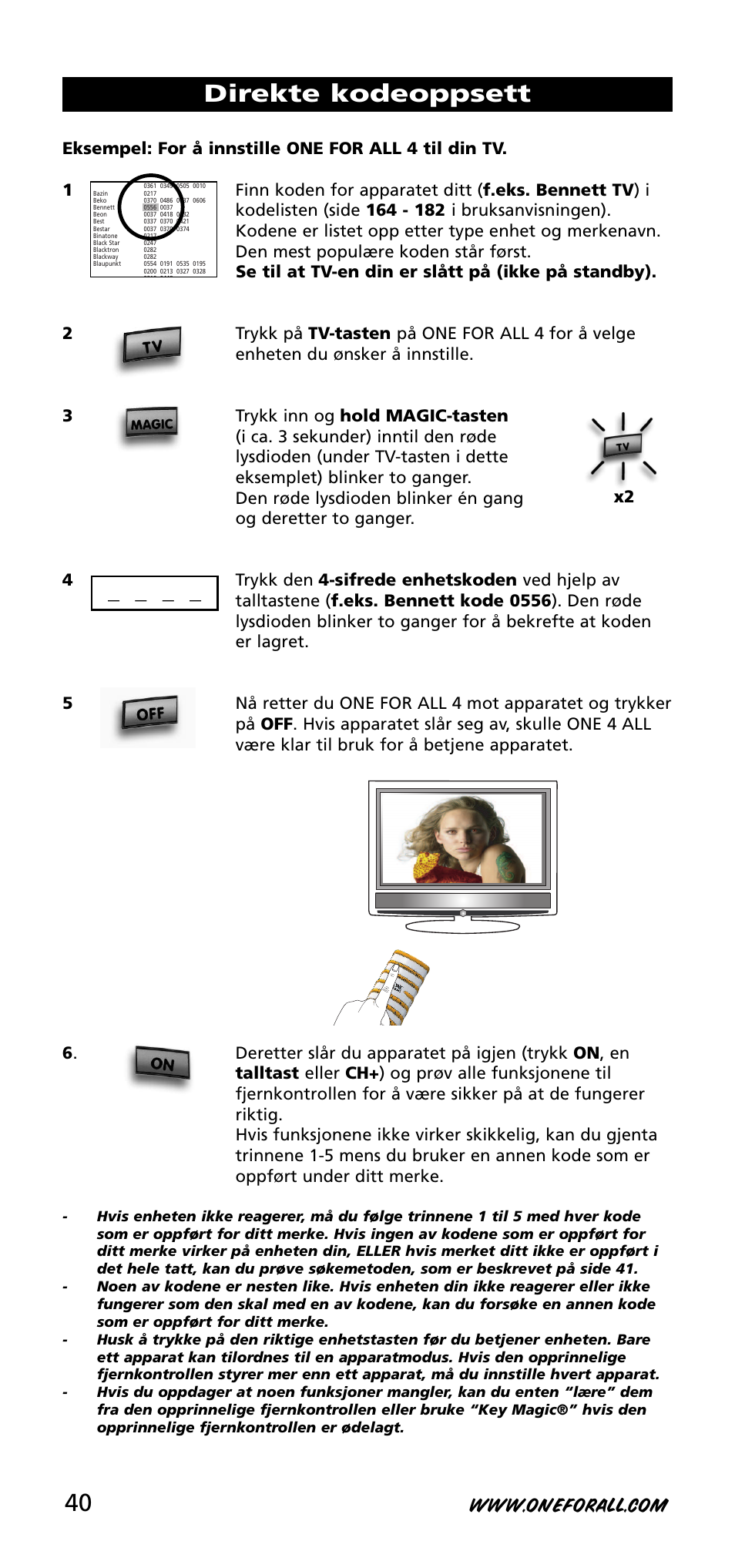 Direkte kodeoppsett | One for All URC-3740 User Manual | Page 40 / 186