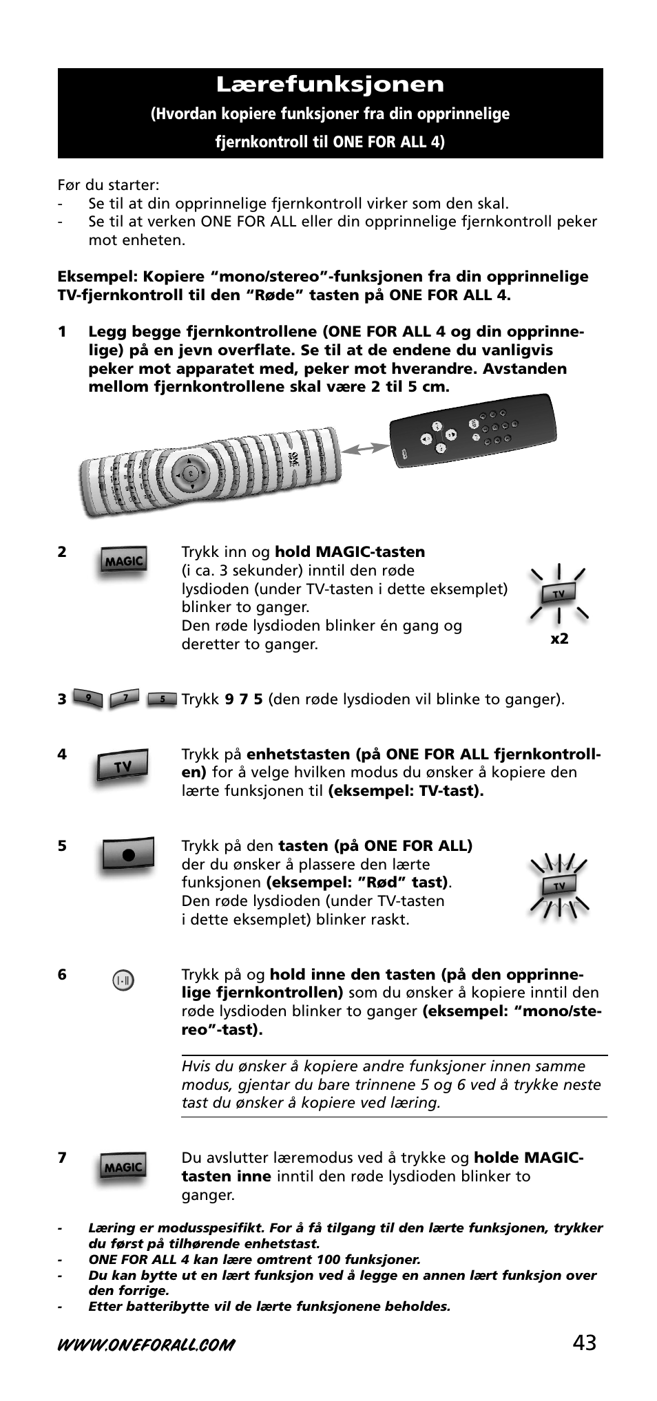 Lærefunksjonen | One for All URC-3740 User Manual | Page 43 / 186