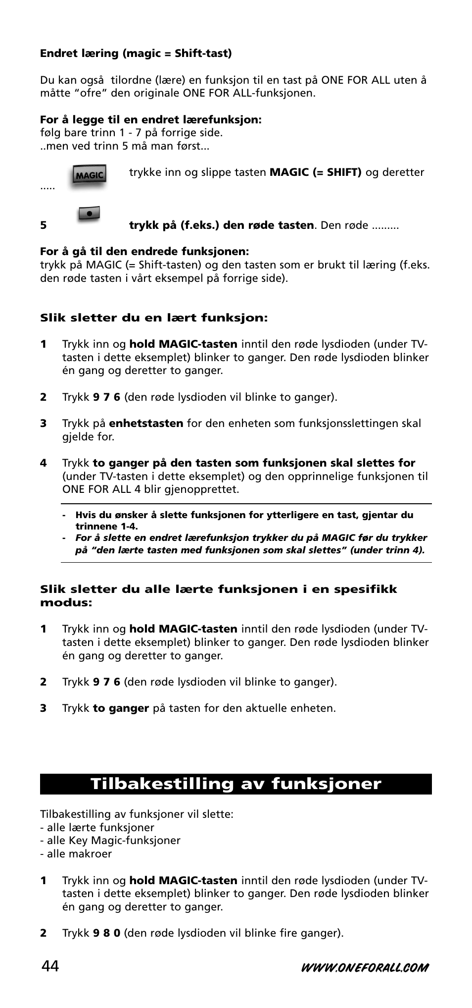 Tilbakestilling av funksjoner | One for All URC-3740 User Manual | Page 44 / 186