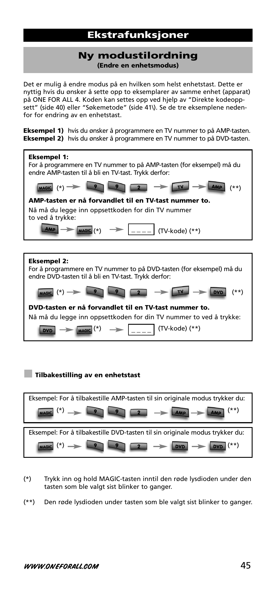 Ekstrafunksjoner ny modustilordning | One for All URC-3740 User Manual | Page 45 / 186