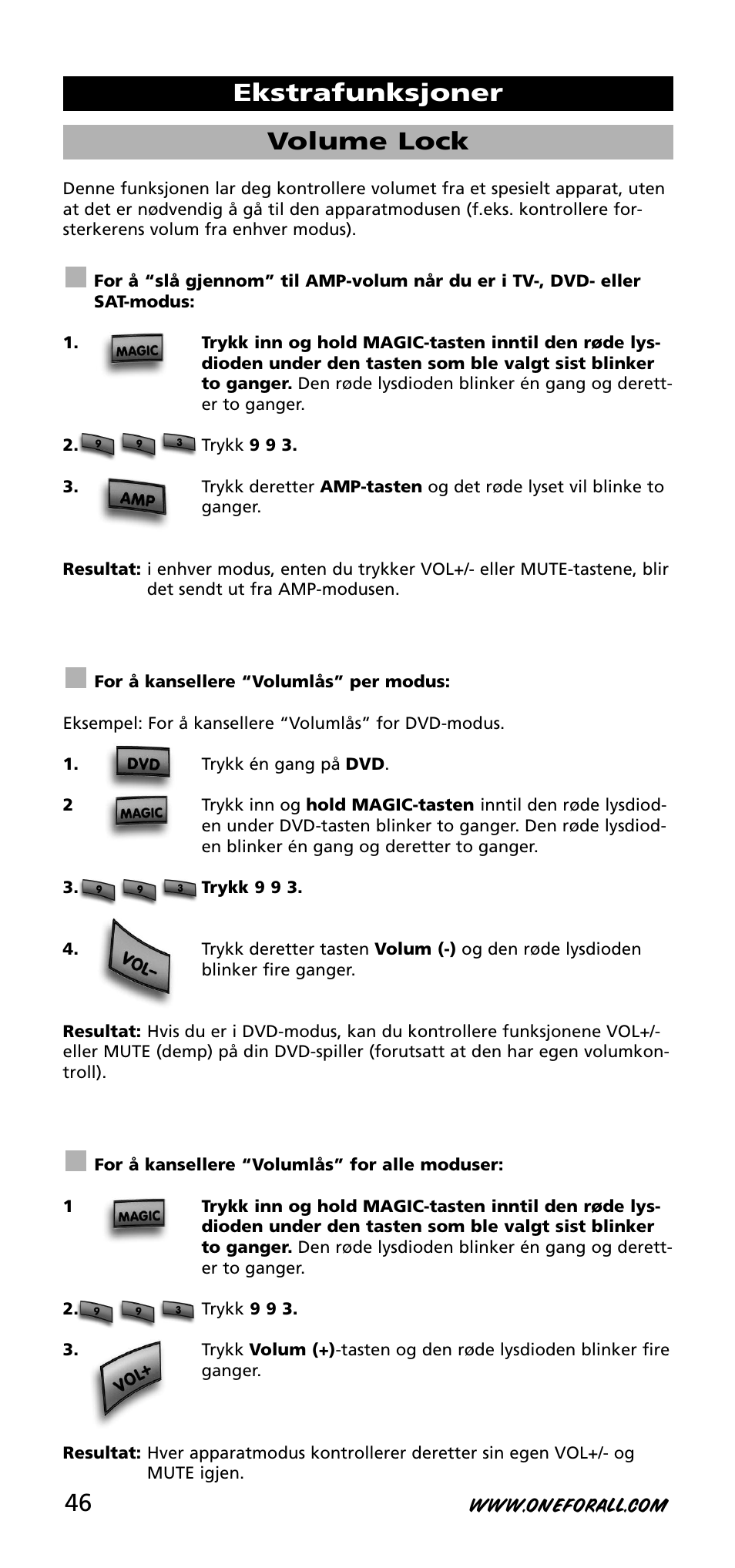 Volume lock, Ekstrafunksjoner | One for All URC-3740 User Manual | Page 46 / 186