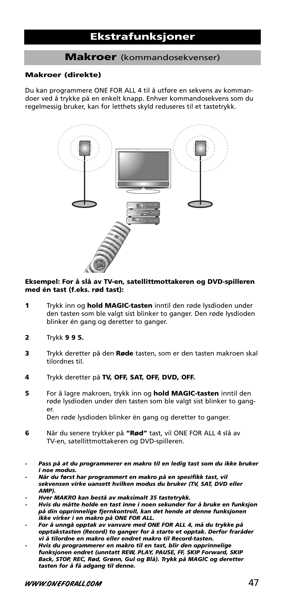 47 makroer, Ekstrafunksjoner, Kommandosekvenser) | One for All URC-3740 User Manual | Page 47 / 186