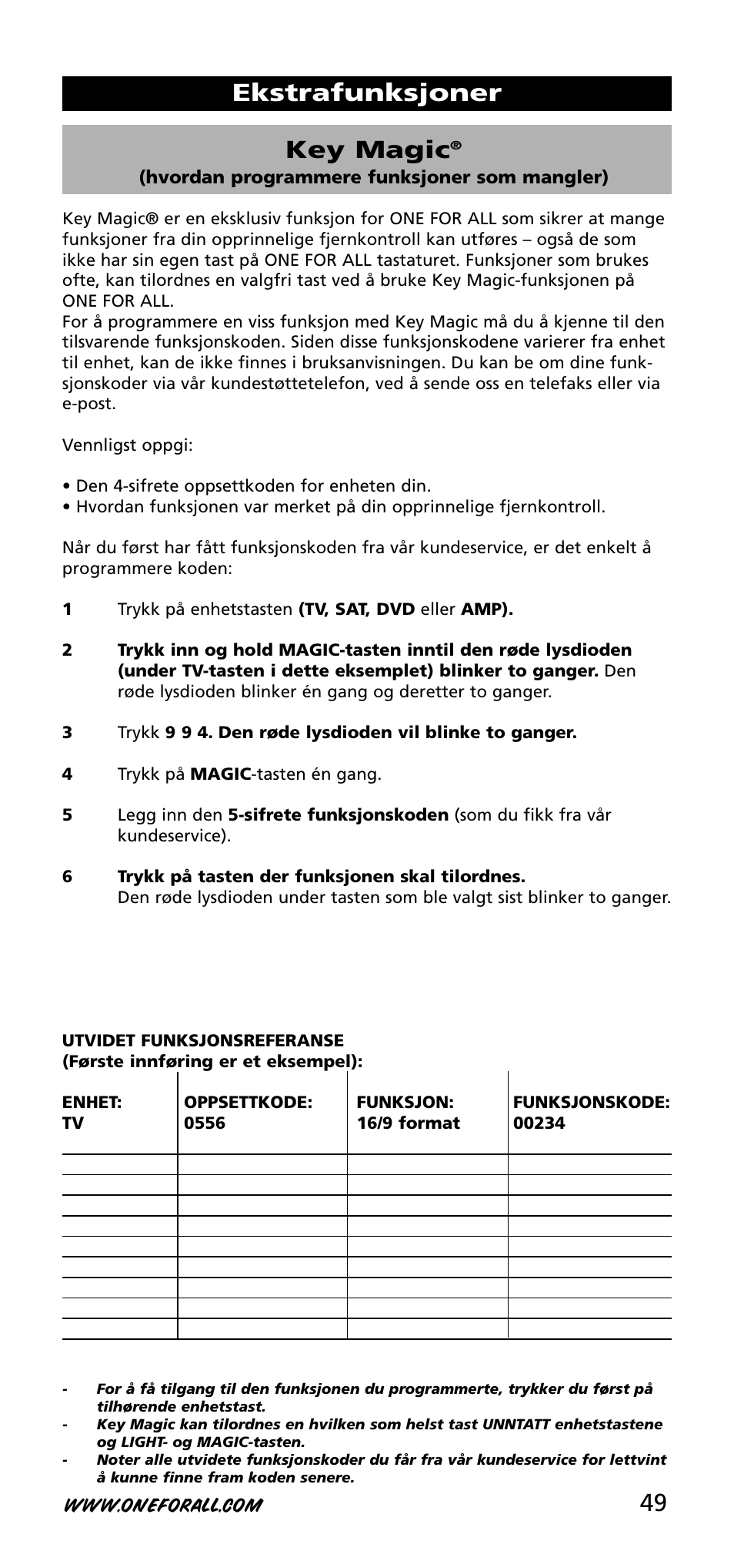 49 key magic, Ekstrafunksjoner | One for All URC-3740 User Manual | Page 49 / 186