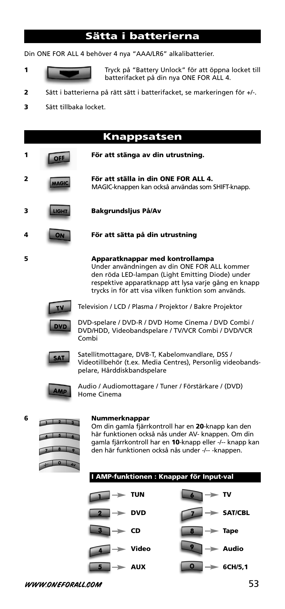 53 sätta i batterierna knappsatsen | One for All URC-3740 User Manual | Page 53 / 186