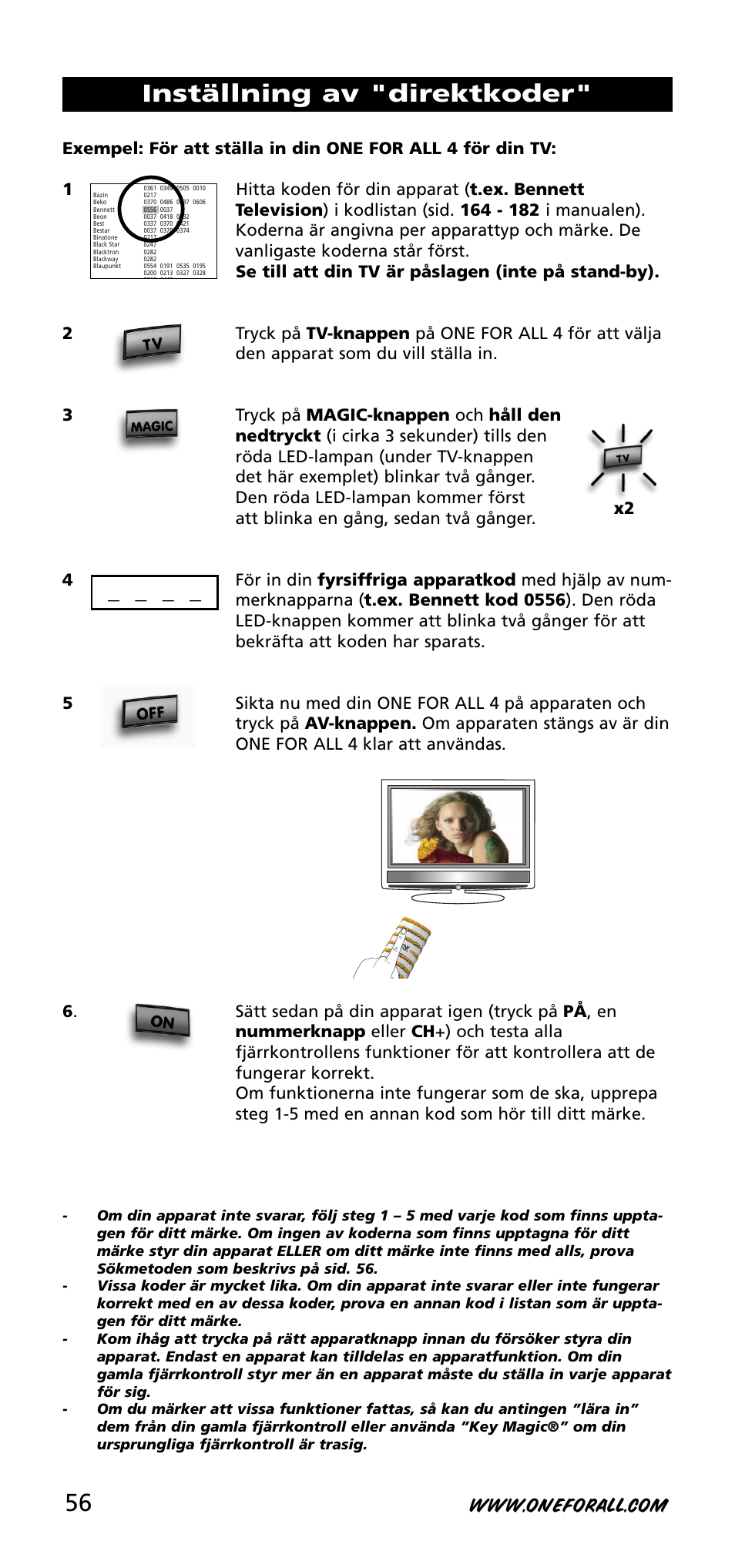 Inställning av "direktkoder | One for All URC-3740 User Manual | Page 56 / 186