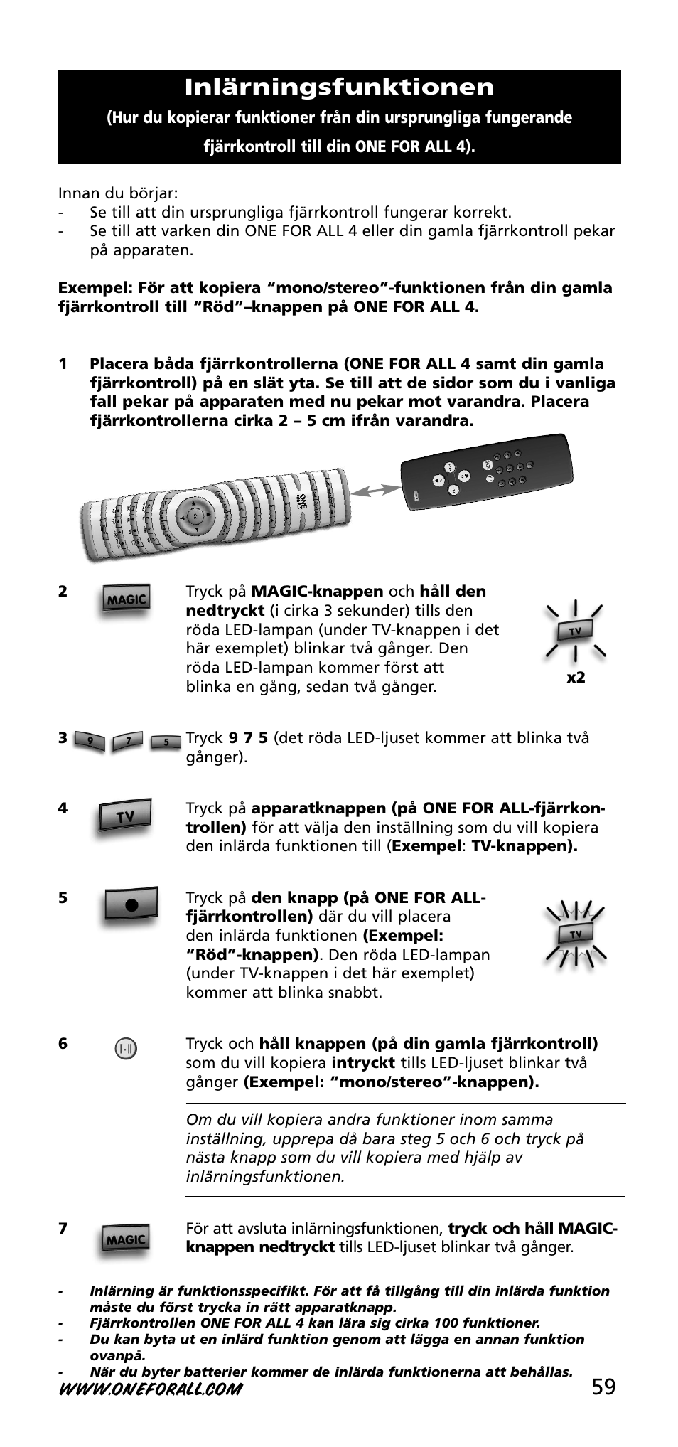 Inlärningsfunktionen | One for All URC-3740 User Manual | Page 59 / 186