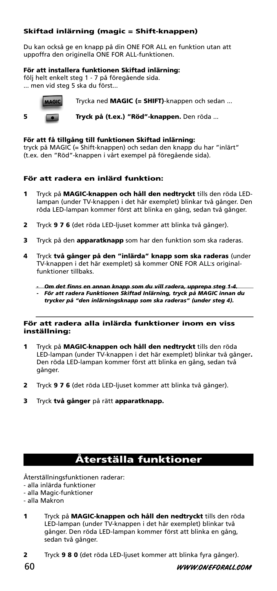 Återställa funktioner | One for All URC-3740 User Manual | Page 60 / 186