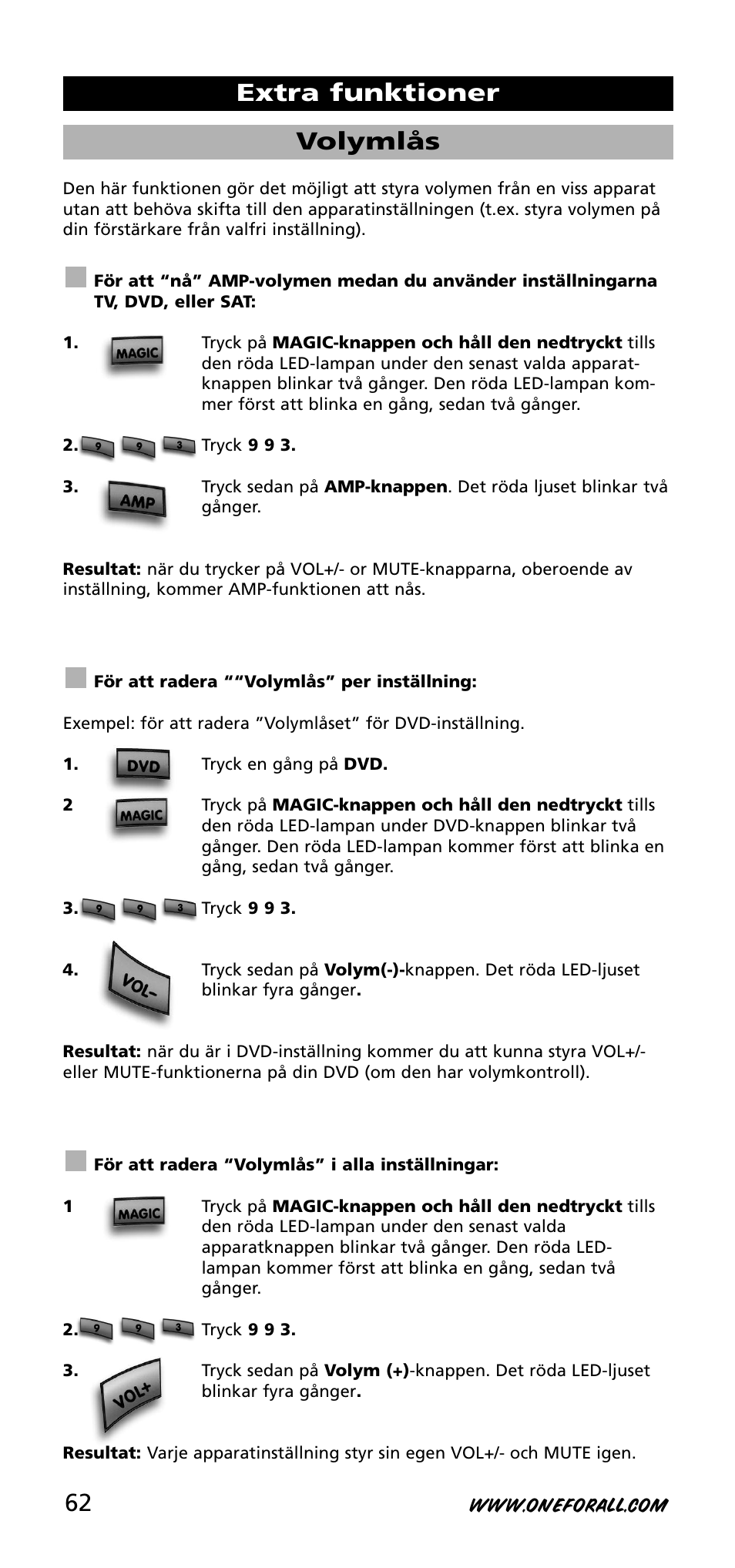 Volymlås, Extra funktioner | One for All URC-3740 User Manual | Page 62 / 186