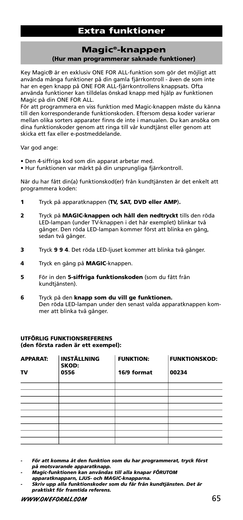 65 magic, Knappen, Extra funktioner | One for All URC-3740 User Manual | Page 65 / 186