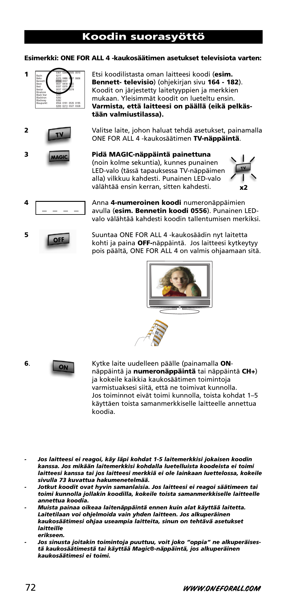 Koodin suorasyöttö | One for All URC-3740 User Manual | Page 72 / 186