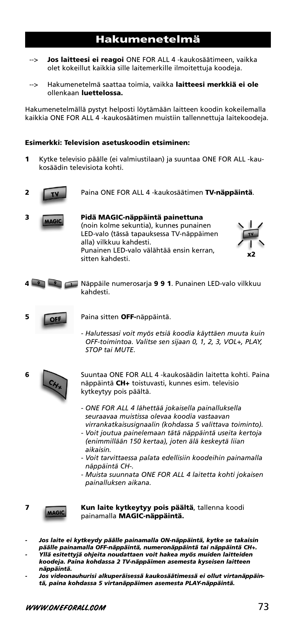 Hakumenetelmä | One for All URC-3740 User Manual | Page 73 / 186