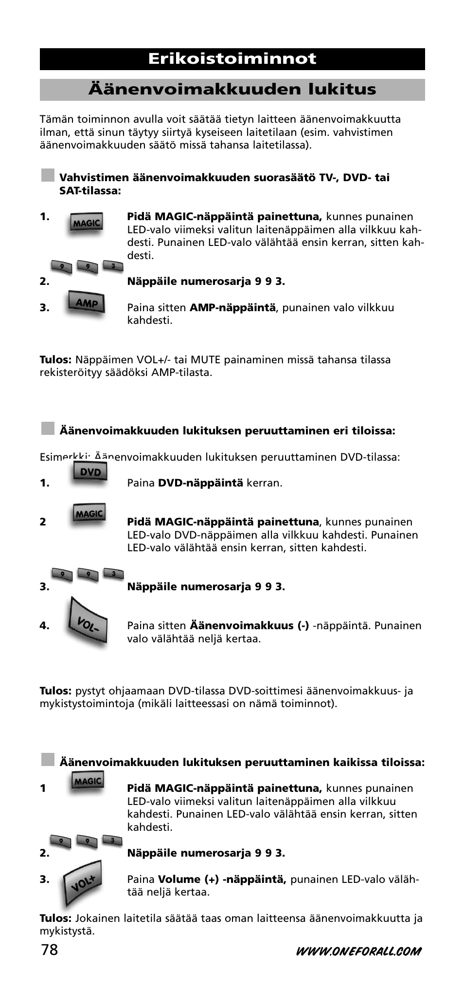 Äänenvoimakkuuden lukitus, Erikoistoiminnot | One for All URC-3740 User Manual | Page 78 / 186