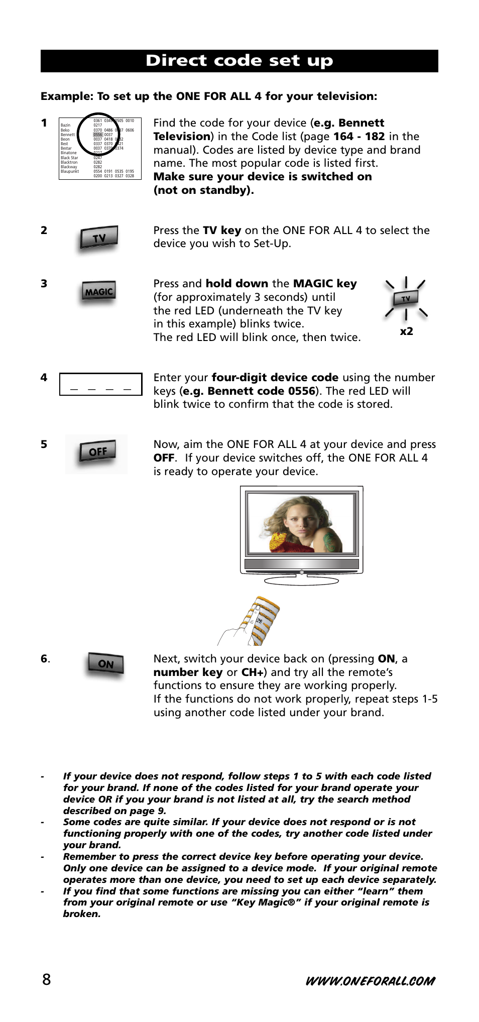Direct code set up | One for All URC-3740 User Manual | Page 8 / 186
