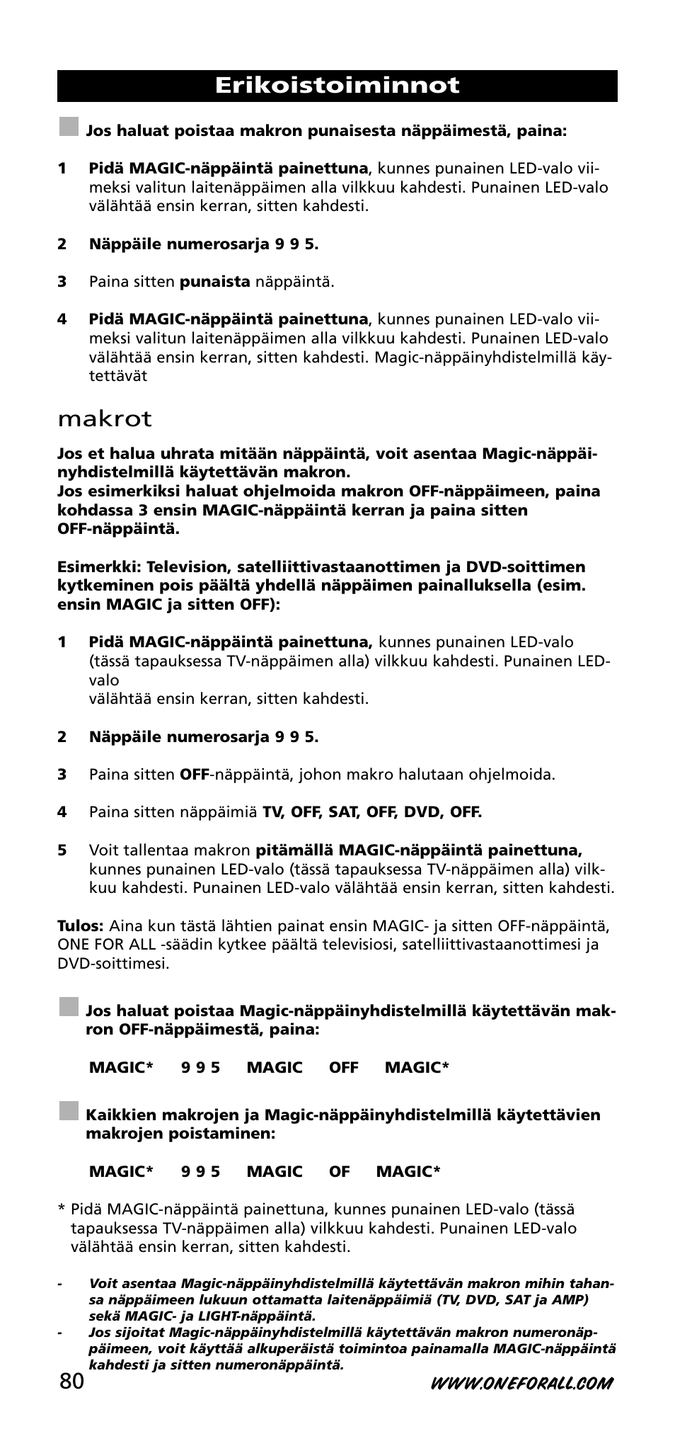 Makrot, Erikoistoiminnot | One for All URC-3740 User Manual | Page 80 / 186